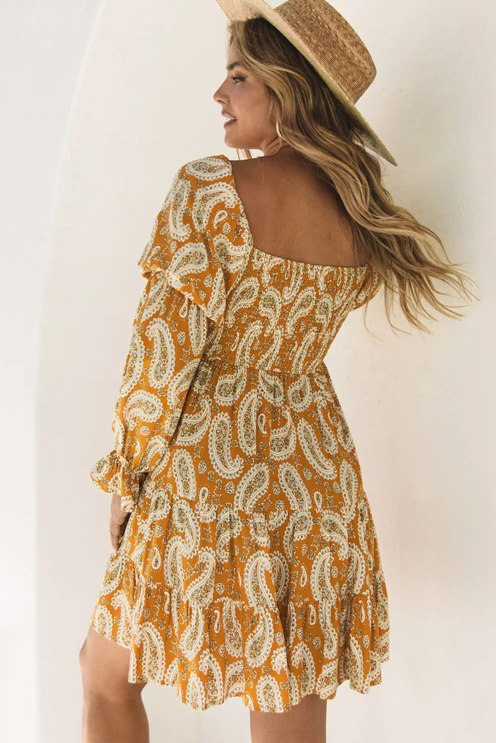 Yellow Boho Paisley Long Sleeve Floral Dress-1