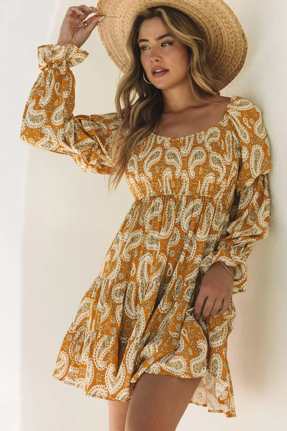 Yellow Boho Paisley Long Sleeve Floral Dress-0