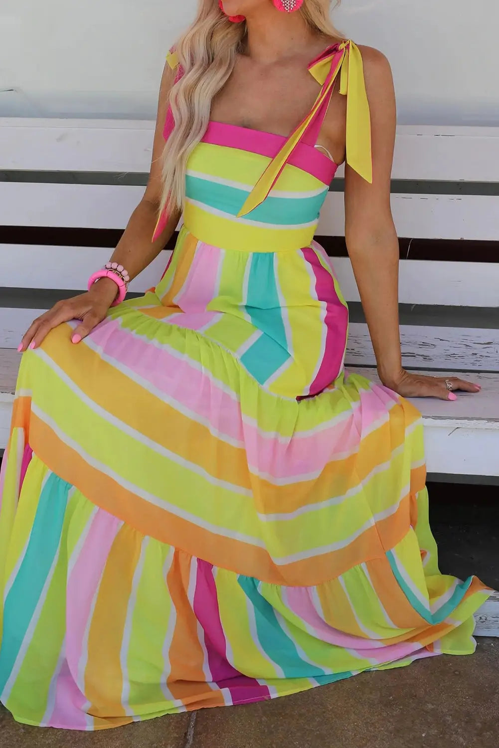 Yellow Color Block Striped Bow Knot Straps Maxi Dress-4