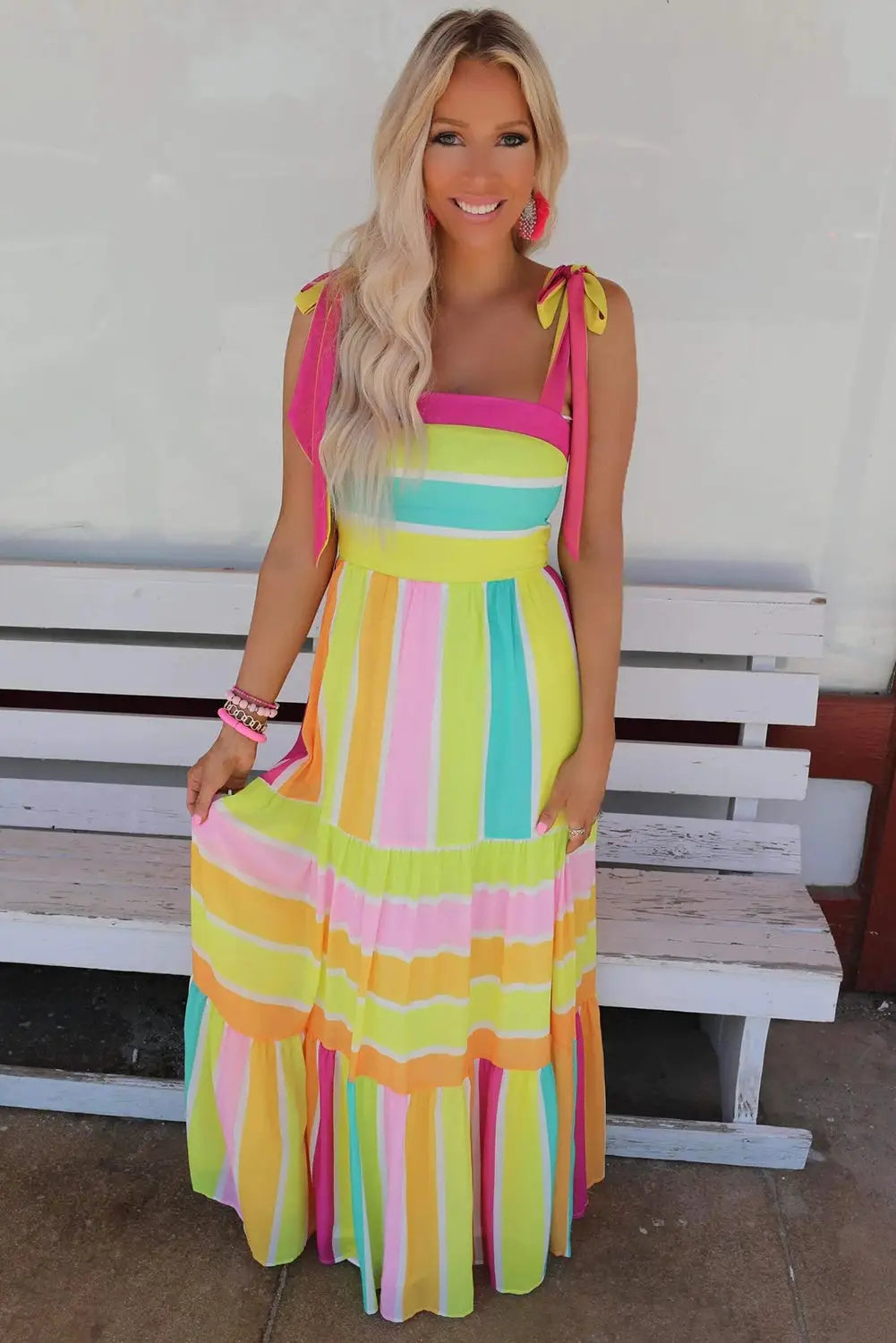 Yellow Color Block Striped Bow Knot Straps Maxi Dress-3