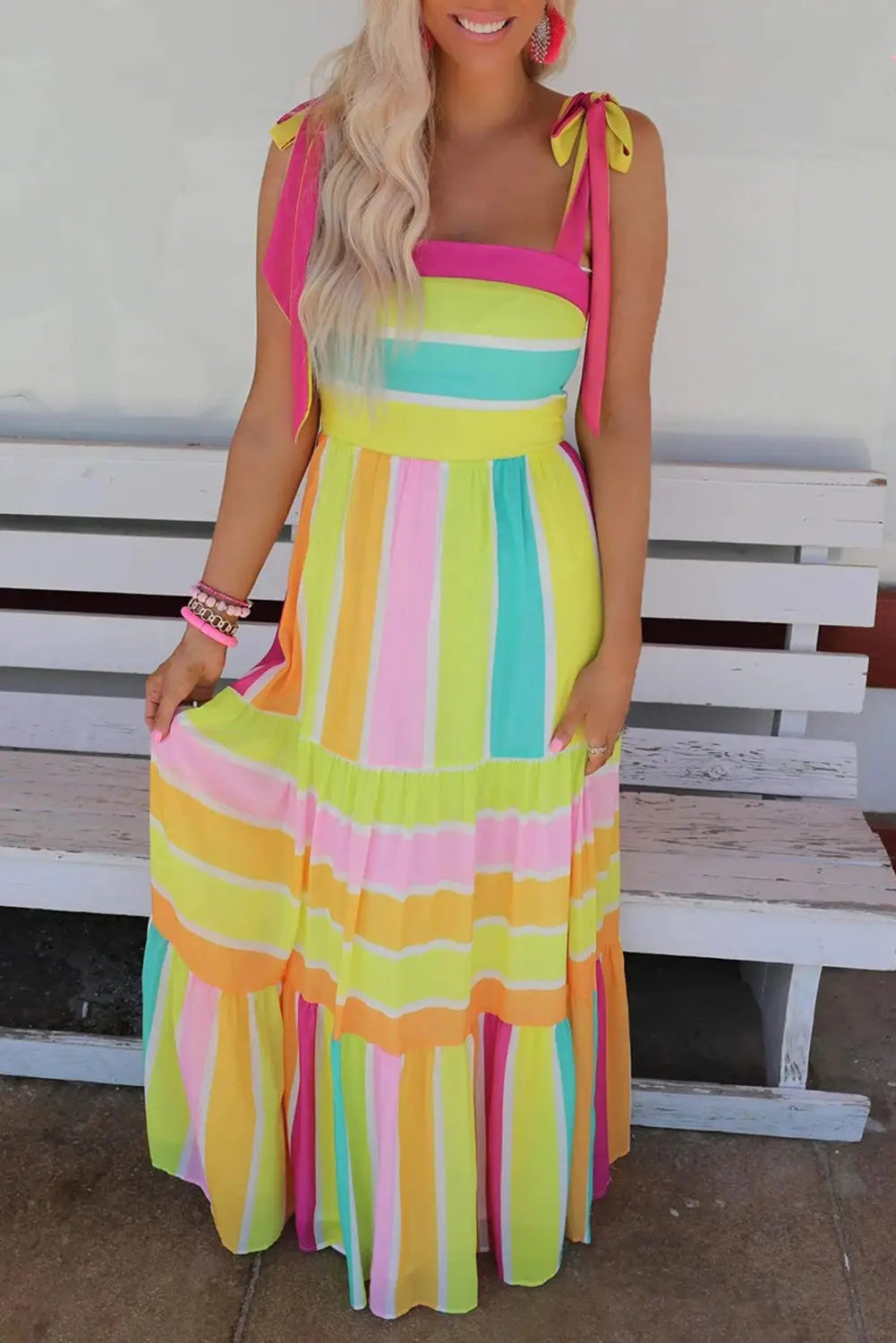 Yellow Color Block Striped Bow Knot Straps Maxi Dress-0