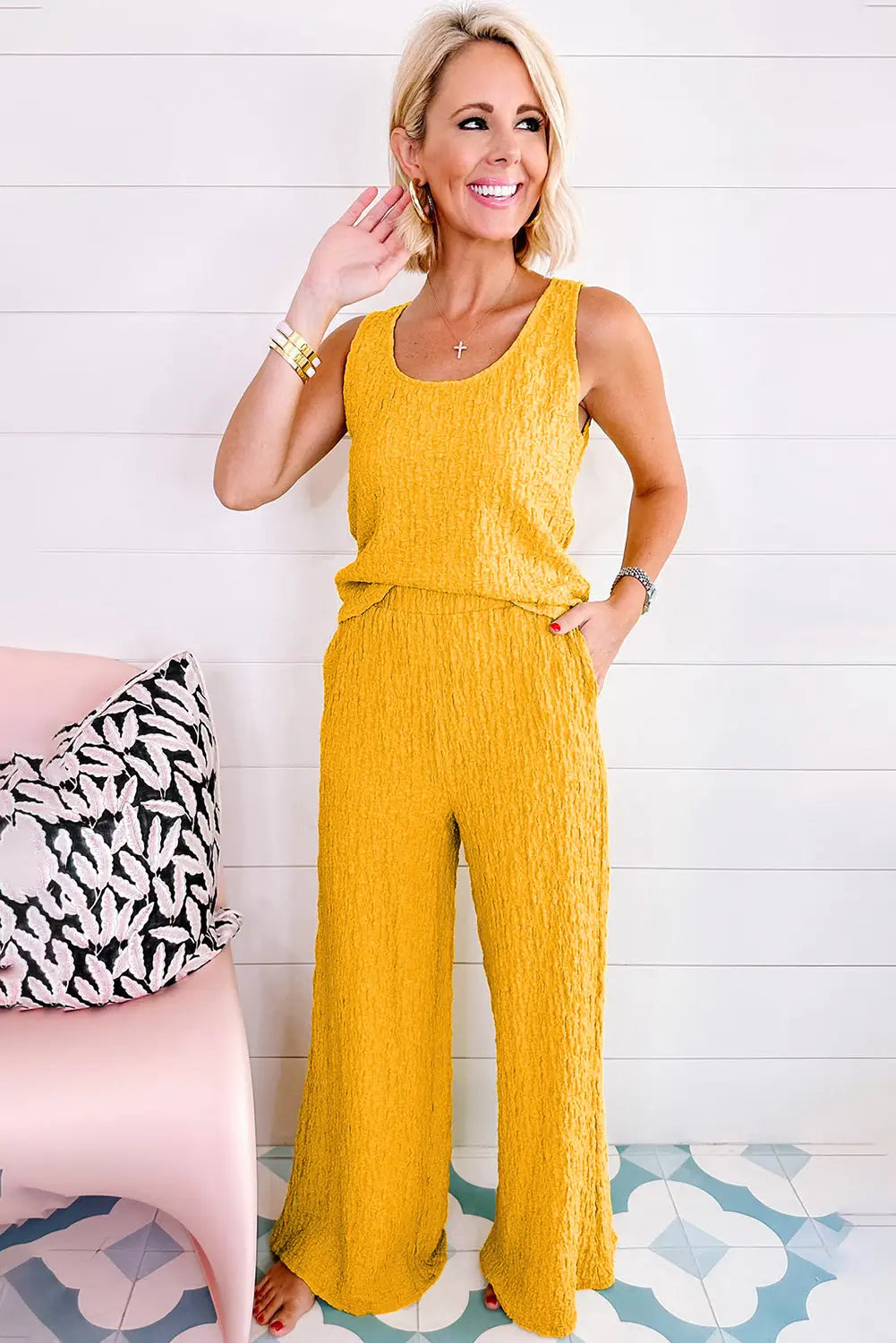 Yellow Crinkled U Neck Tank Top and Wide Leg Pants Set-3