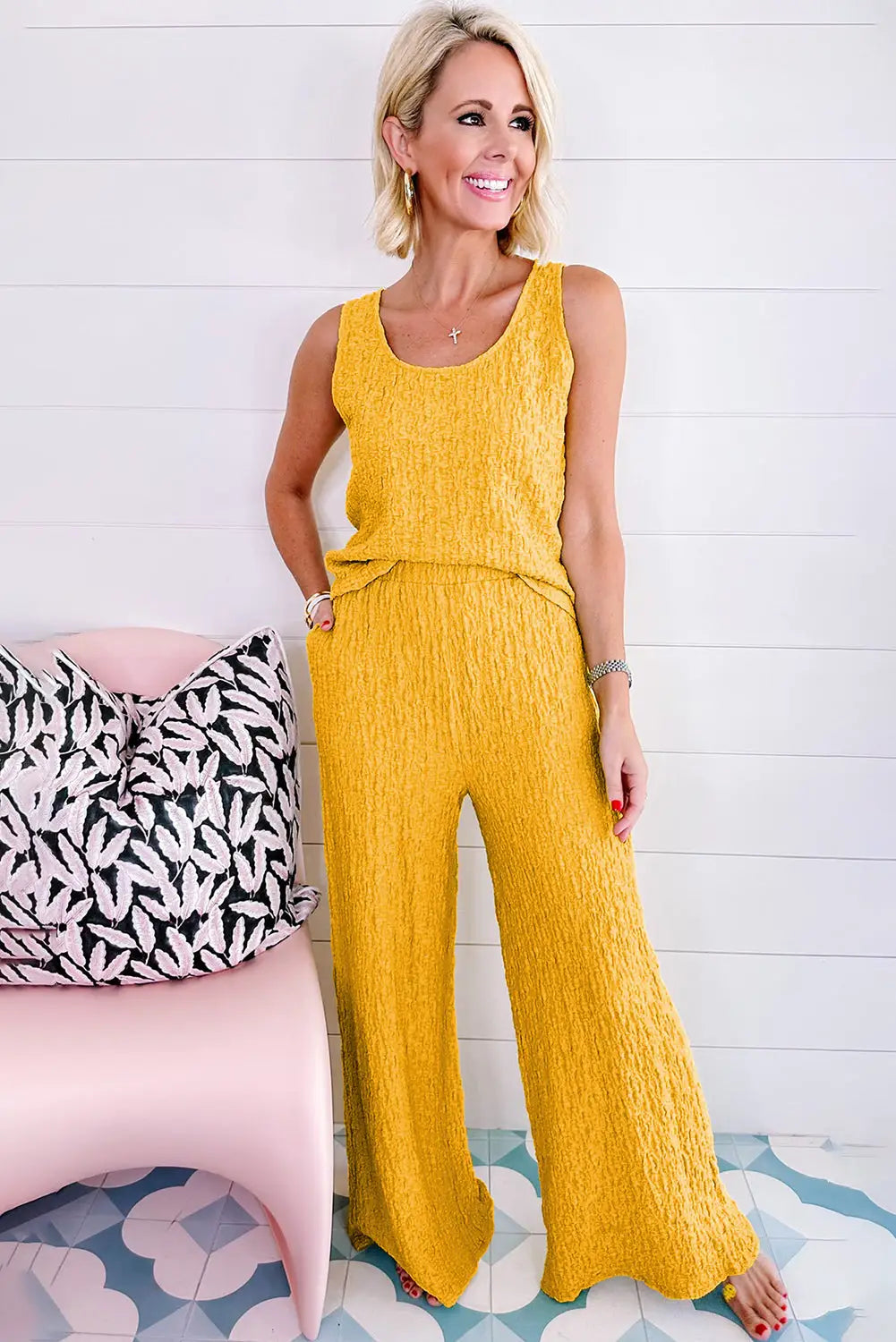 Yellow Crinkled U Neck Tank Top and Wide Leg Pants Set-2