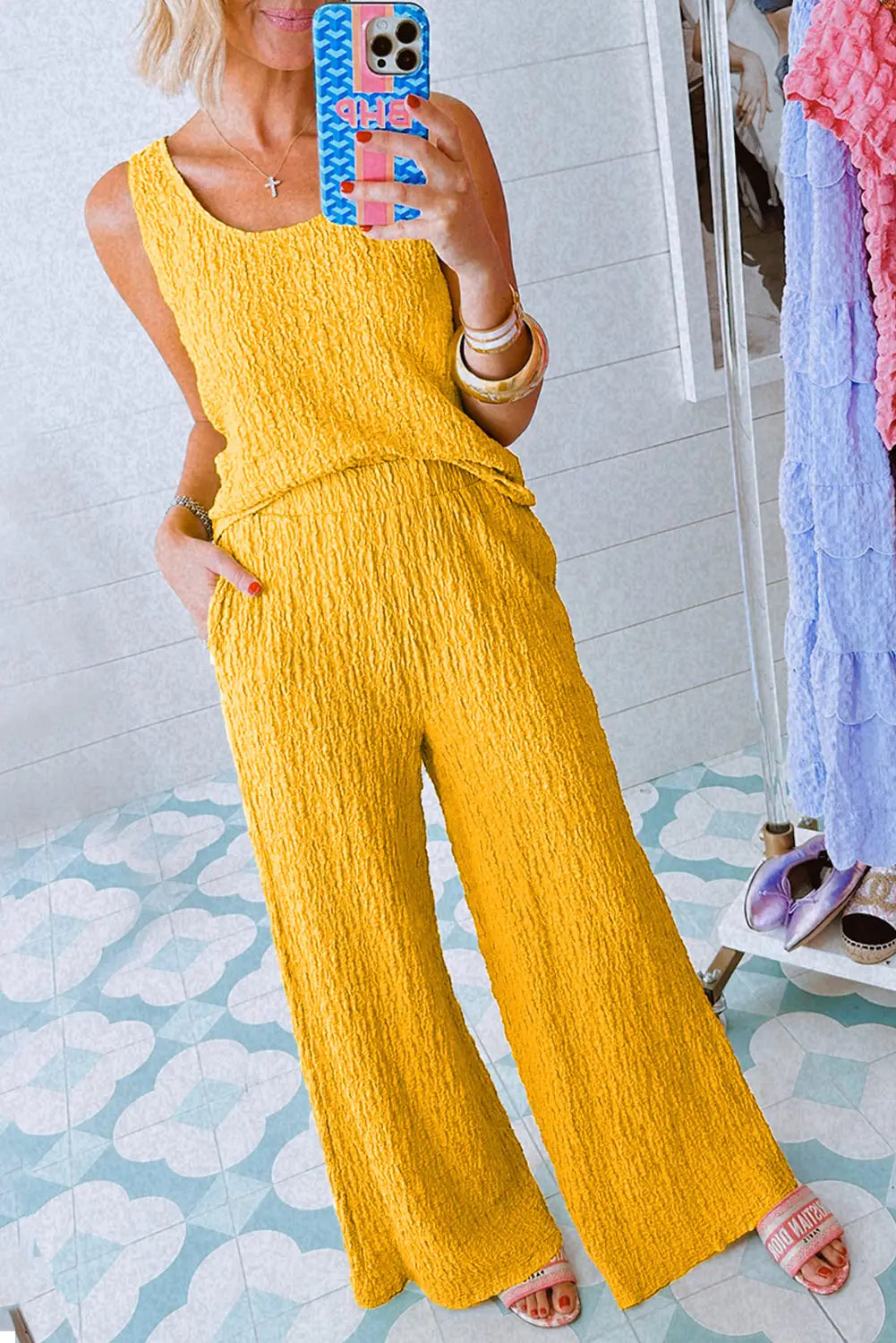 Yellow Crinkled U Neck Tank Top and Wide Leg Pants Set-0