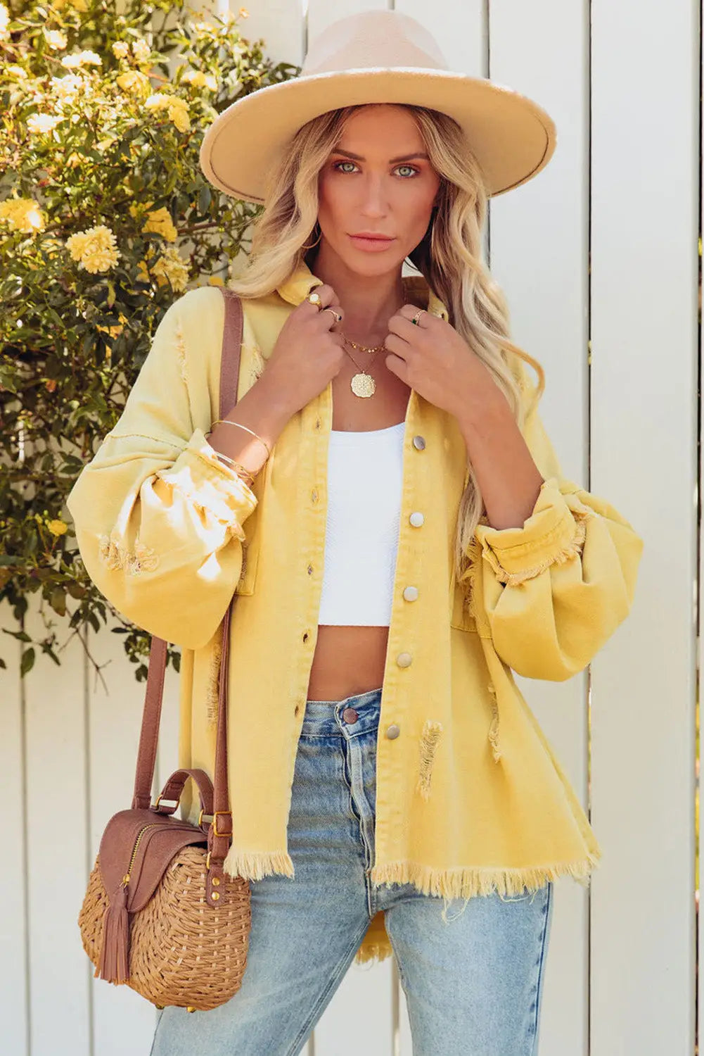 Yellow Distressed Fringe Trim Denim Jacket-3