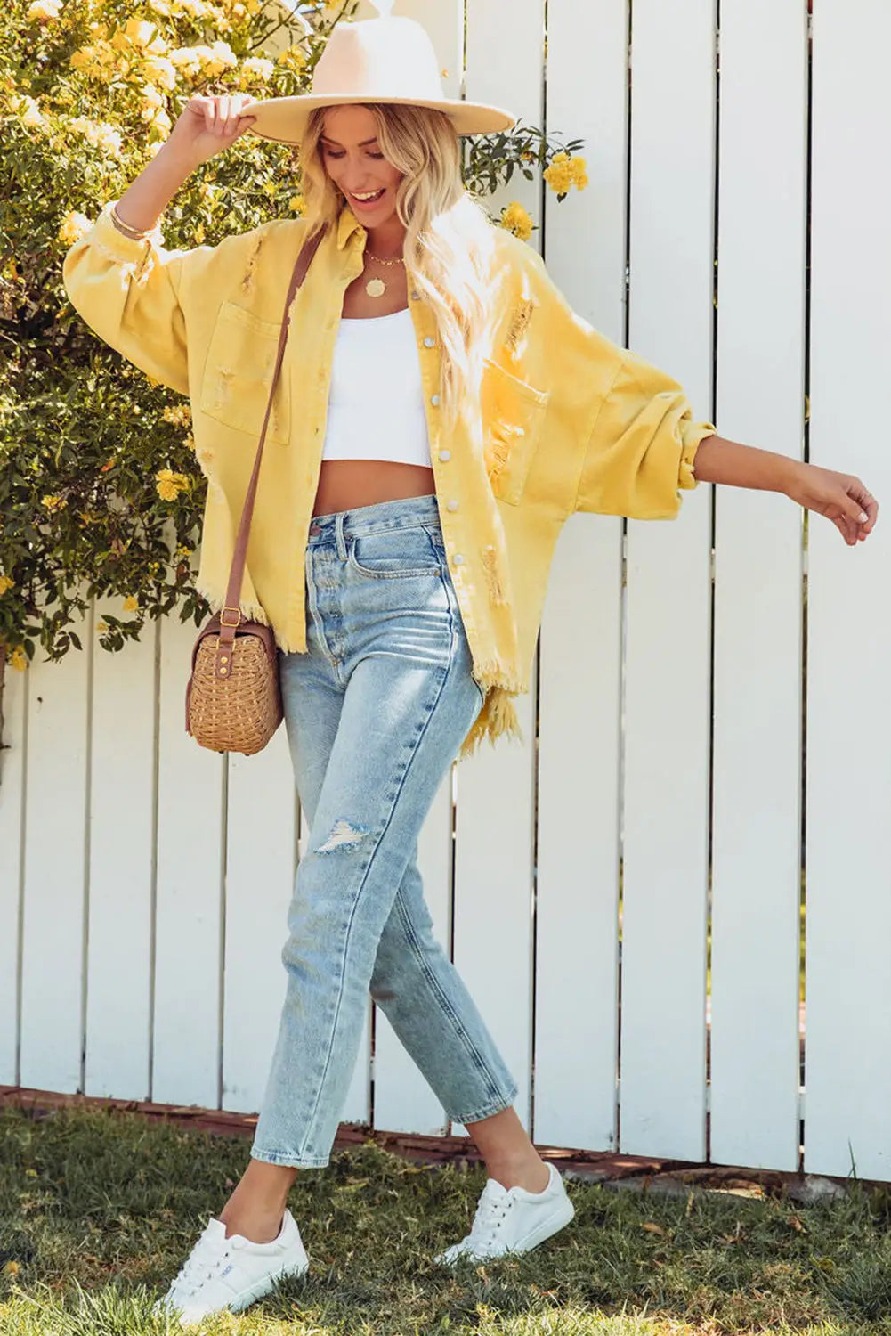 Yellow Distressed Fringe Trim Denim Jacket-4