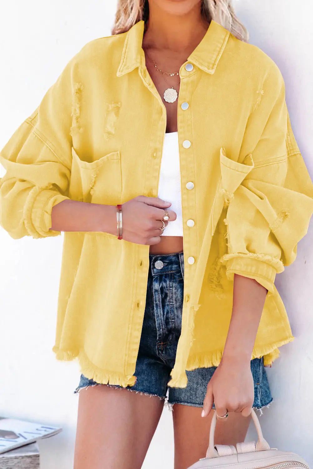 Yellow Distressed Fringe Trim Denim Jacket-0