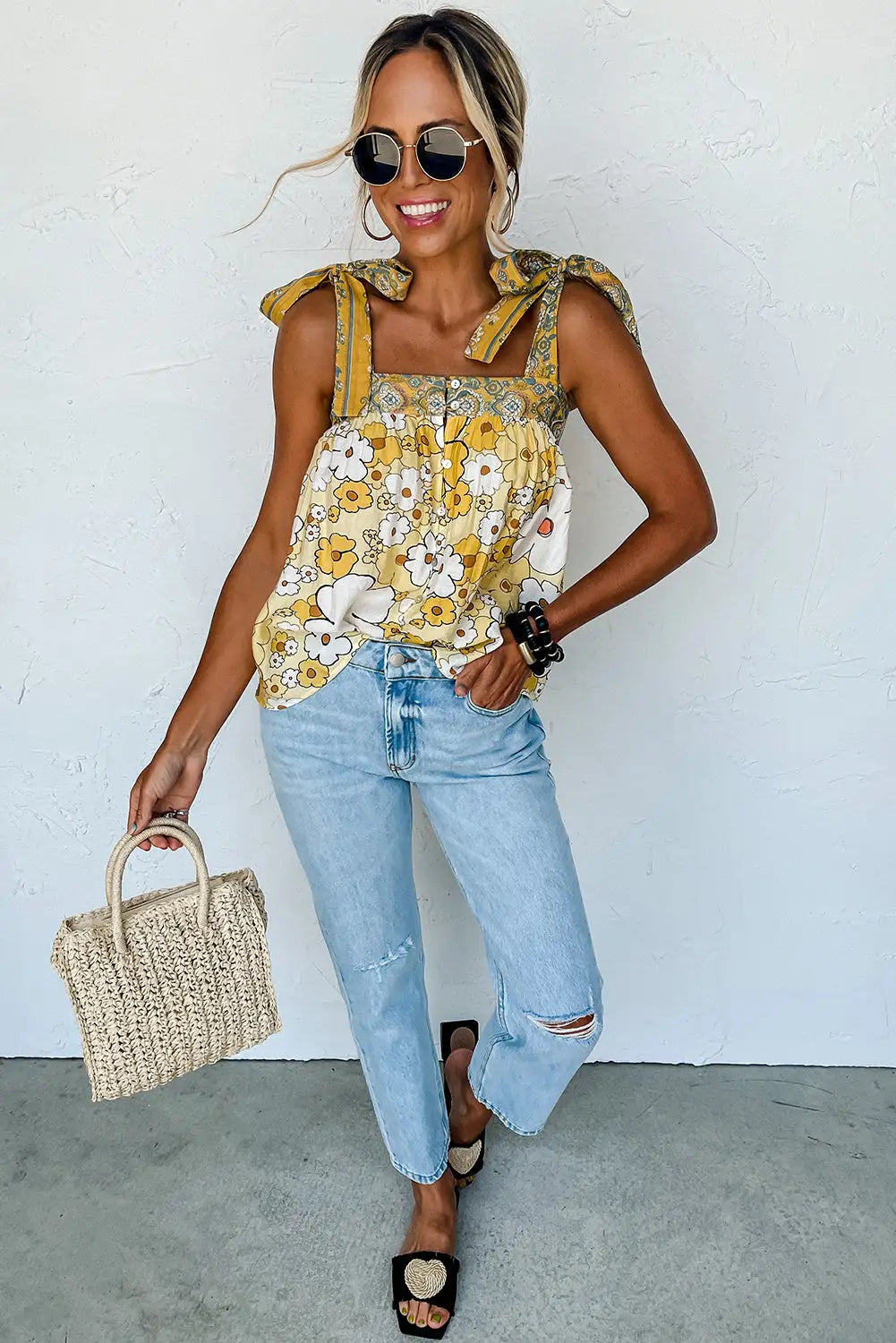 Yellow Floral Patchwork Tied Straps Buttoned Tank Top-3