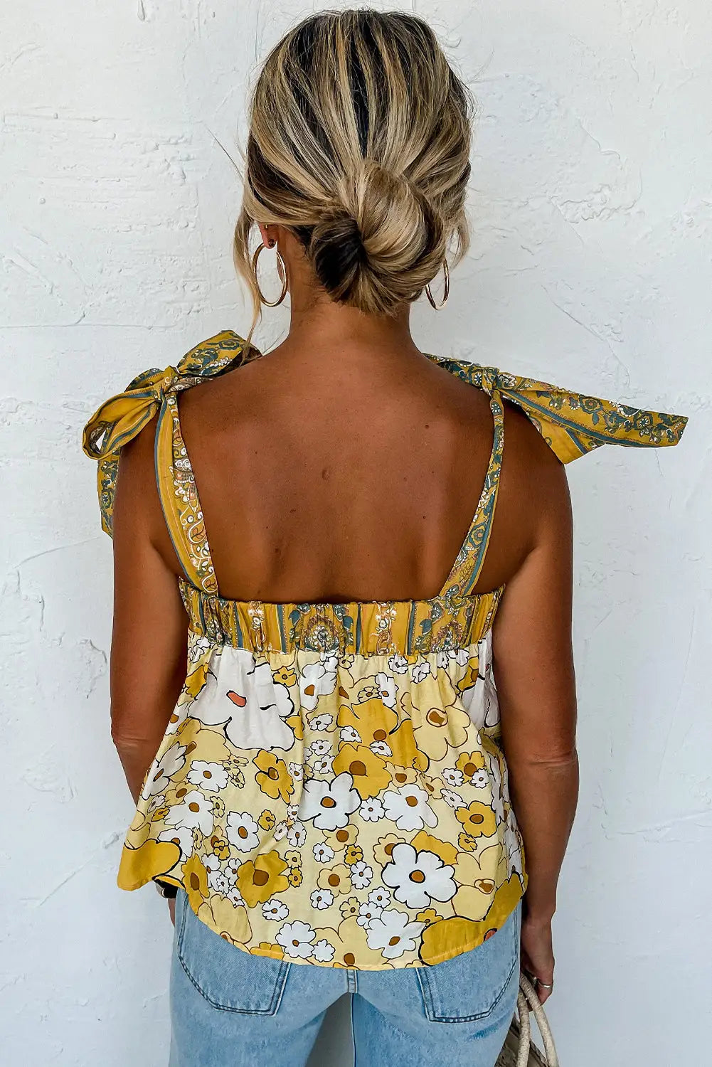 Yellow Floral Patchwork Tied Straps Buttoned Tank Top-1