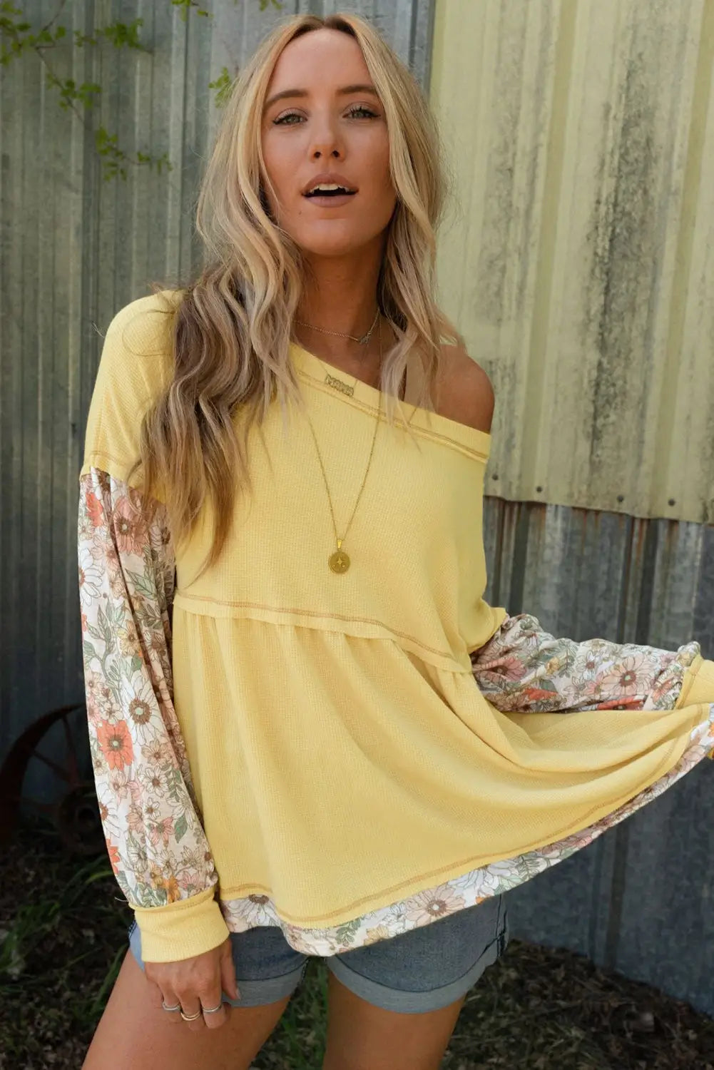 Yellow Floral Patchwork Waffle Knit Babydoll Blouse-2