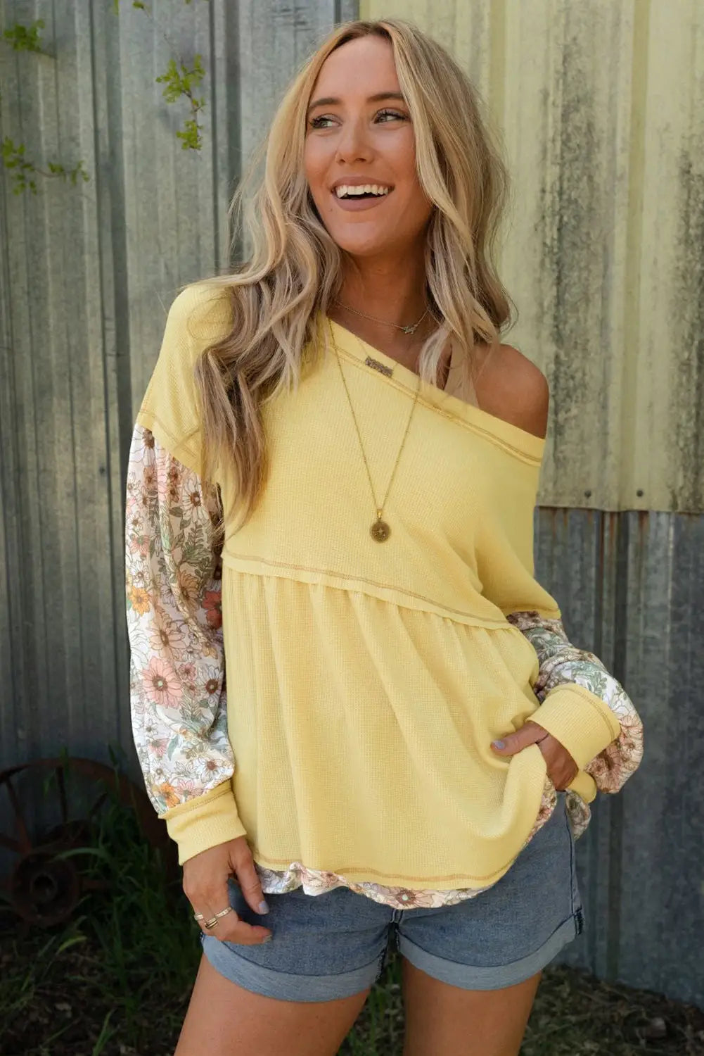 Yellow Floral Patchwork Waffle Knit Babydoll Blouse-3