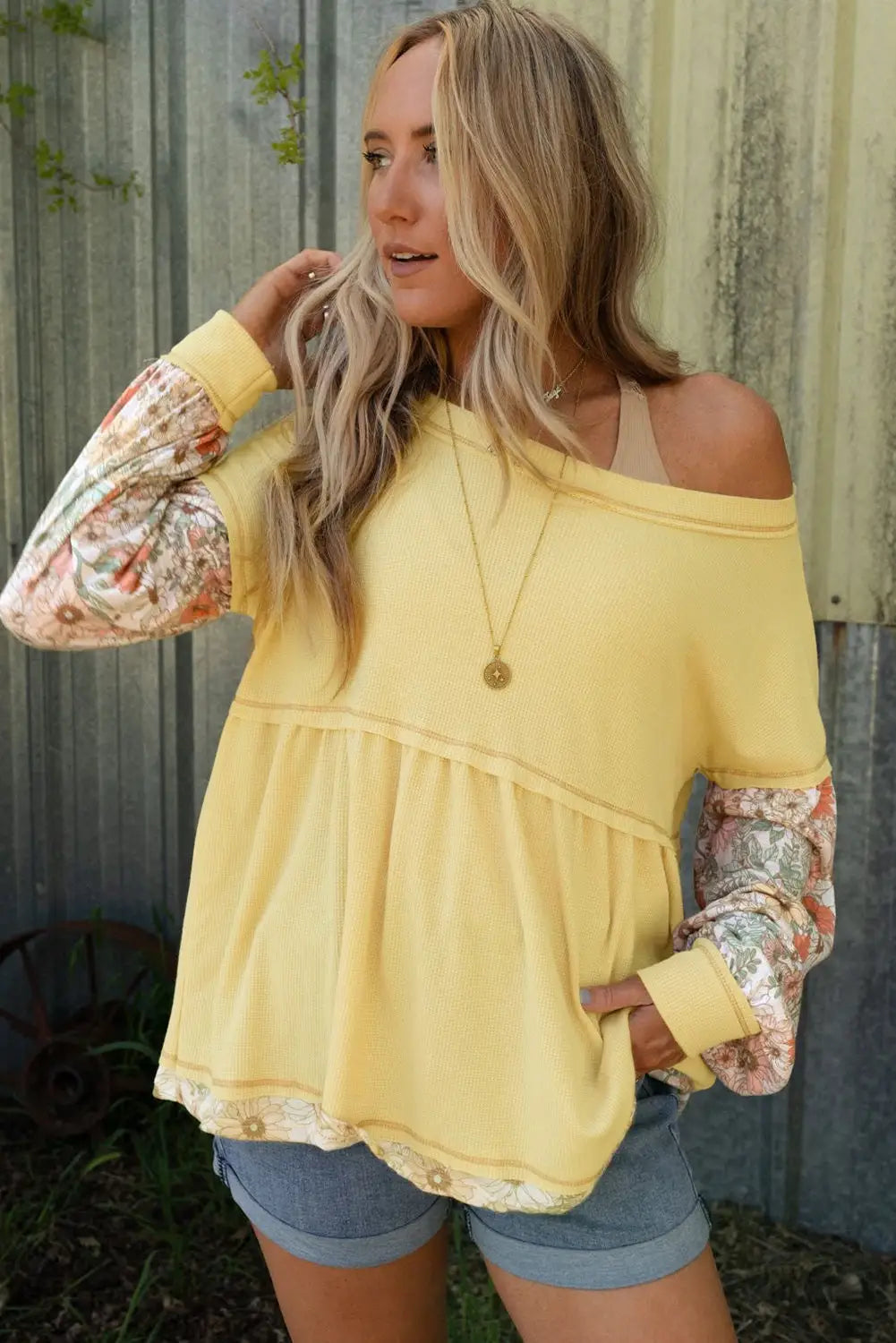 Yellow Floral Patchwork Waffle Knit Babydoll Blouse-1