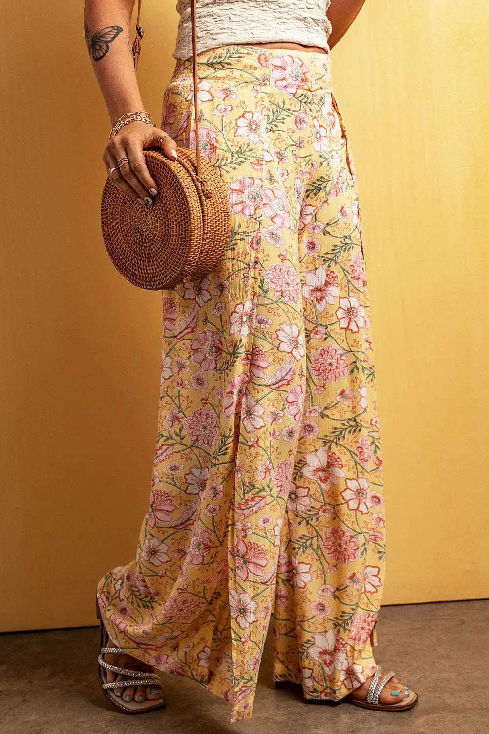 Yellow Floral Print High Slit Wide Leg Pants-4