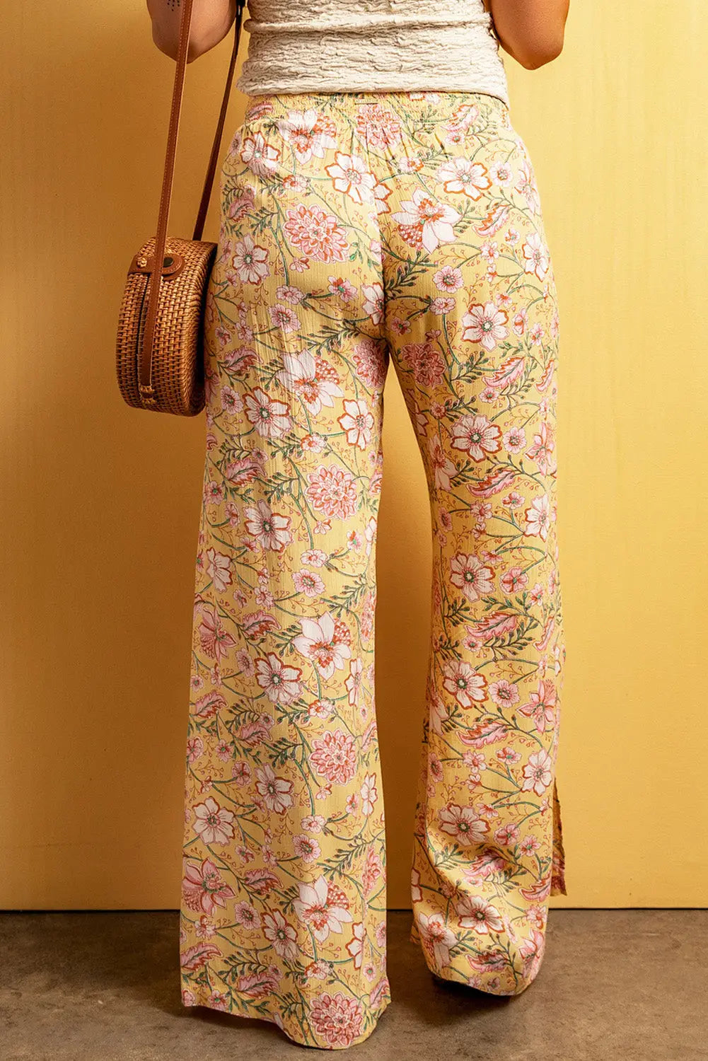 Yellow Floral Print High Slit Wide Leg Pants-1