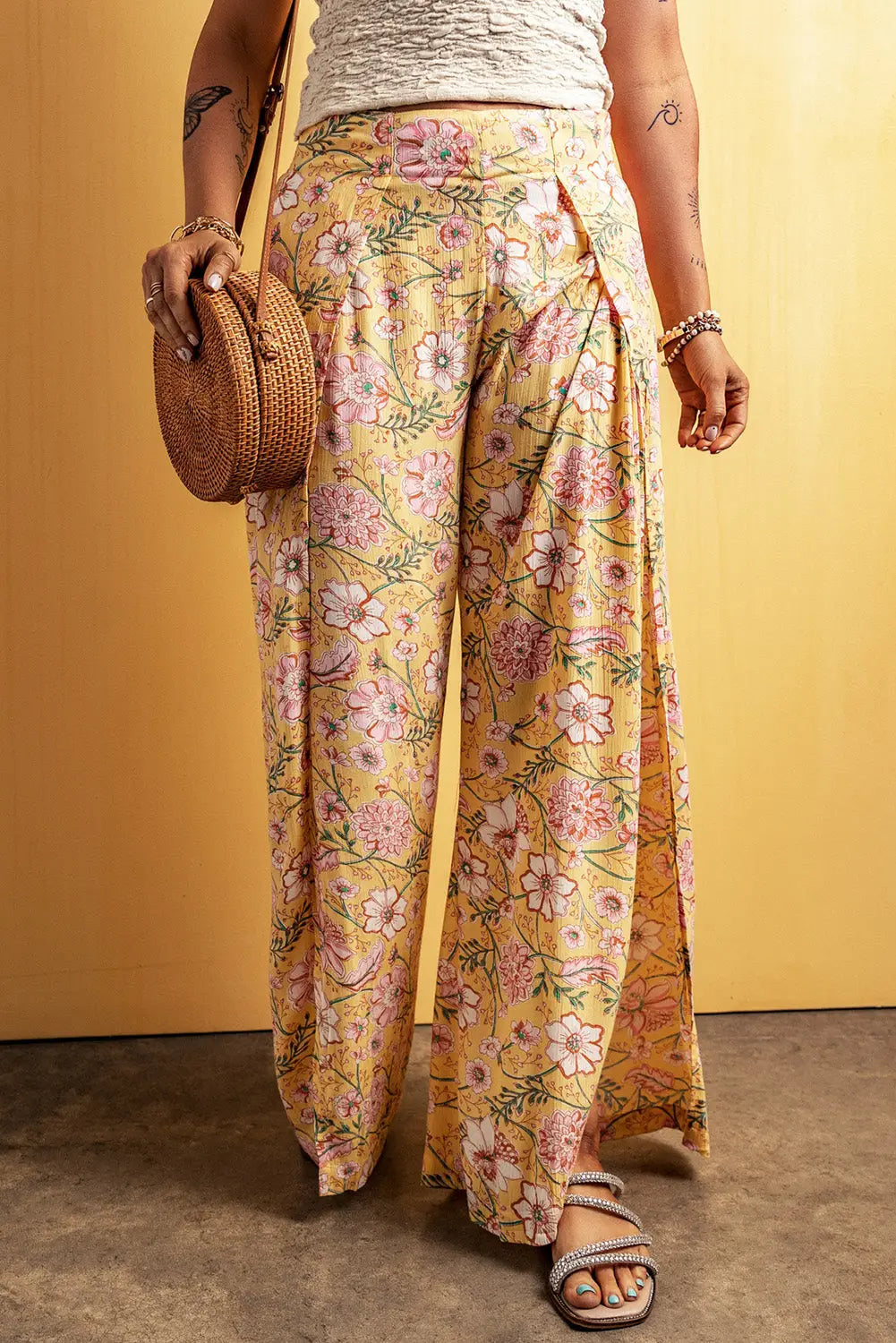 Yellow Floral Print High Slit Wide Leg Pants-2