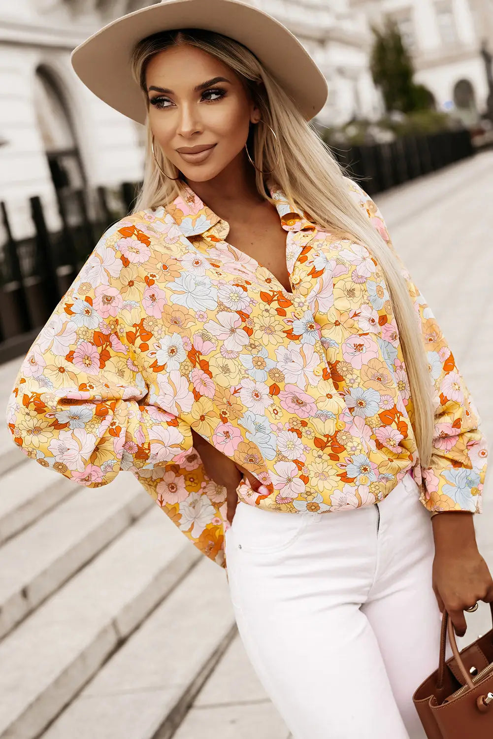 Yellow Floral Print Turn Down Collar Loose Shirt-0