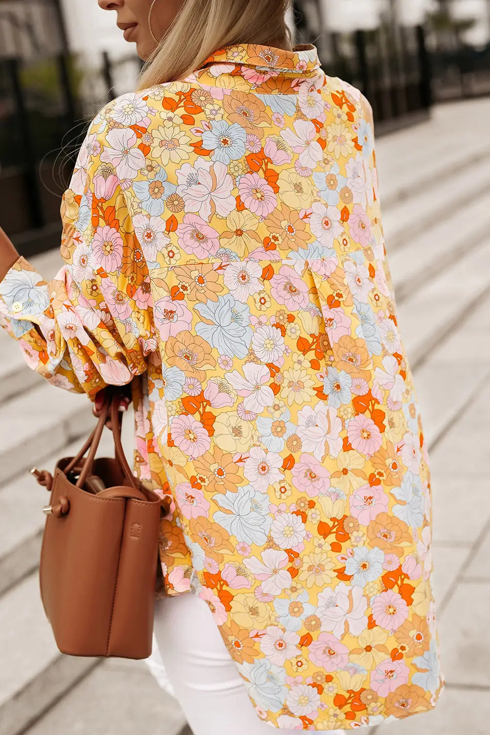 Yellow Floral Print Turn Down Collar Loose Shirt-1