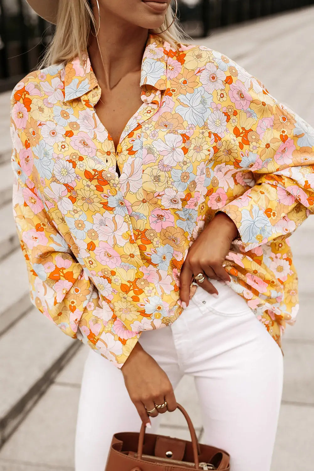 Yellow Floral Print Turn Down Collar Loose Shirt-3