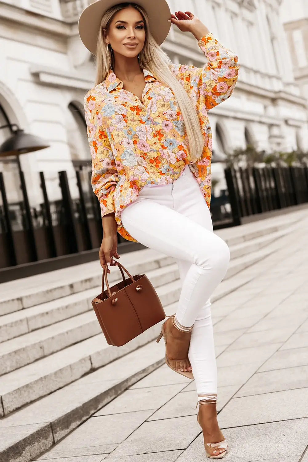 Yellow Floral Print Turn Down Collar Loose Shirt-4