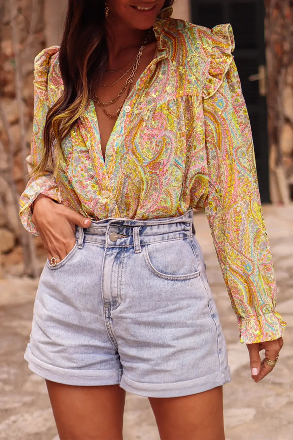 Yellow Paisley Print Ruffled Trim Boho Shirt-0