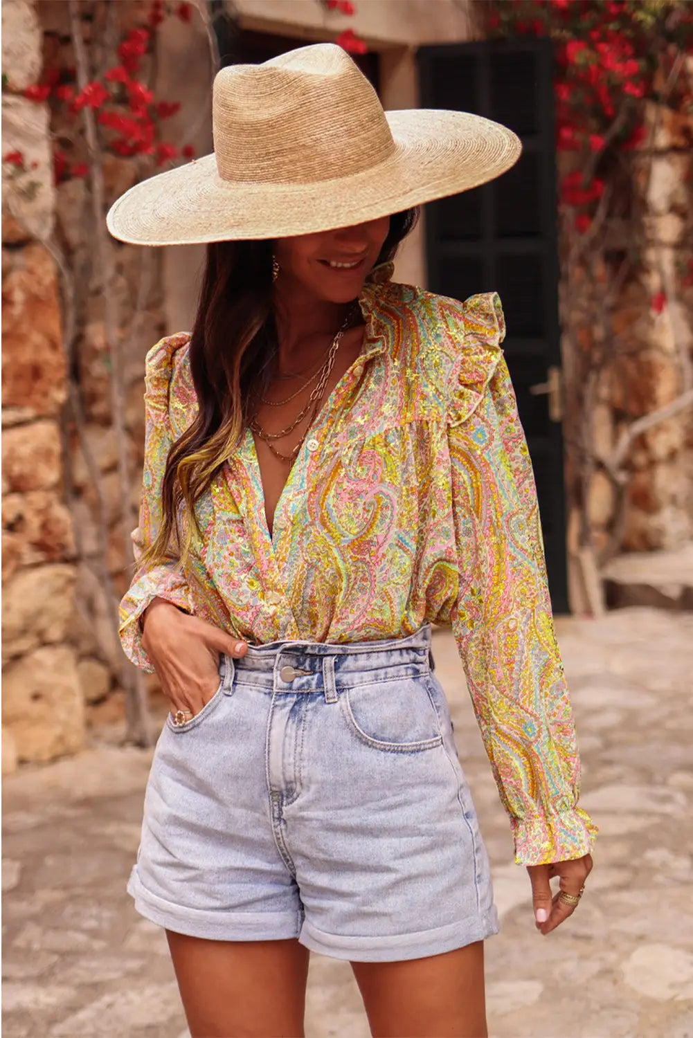 Yellow Paisley Print Ruffled Trim Boho Shirt-3