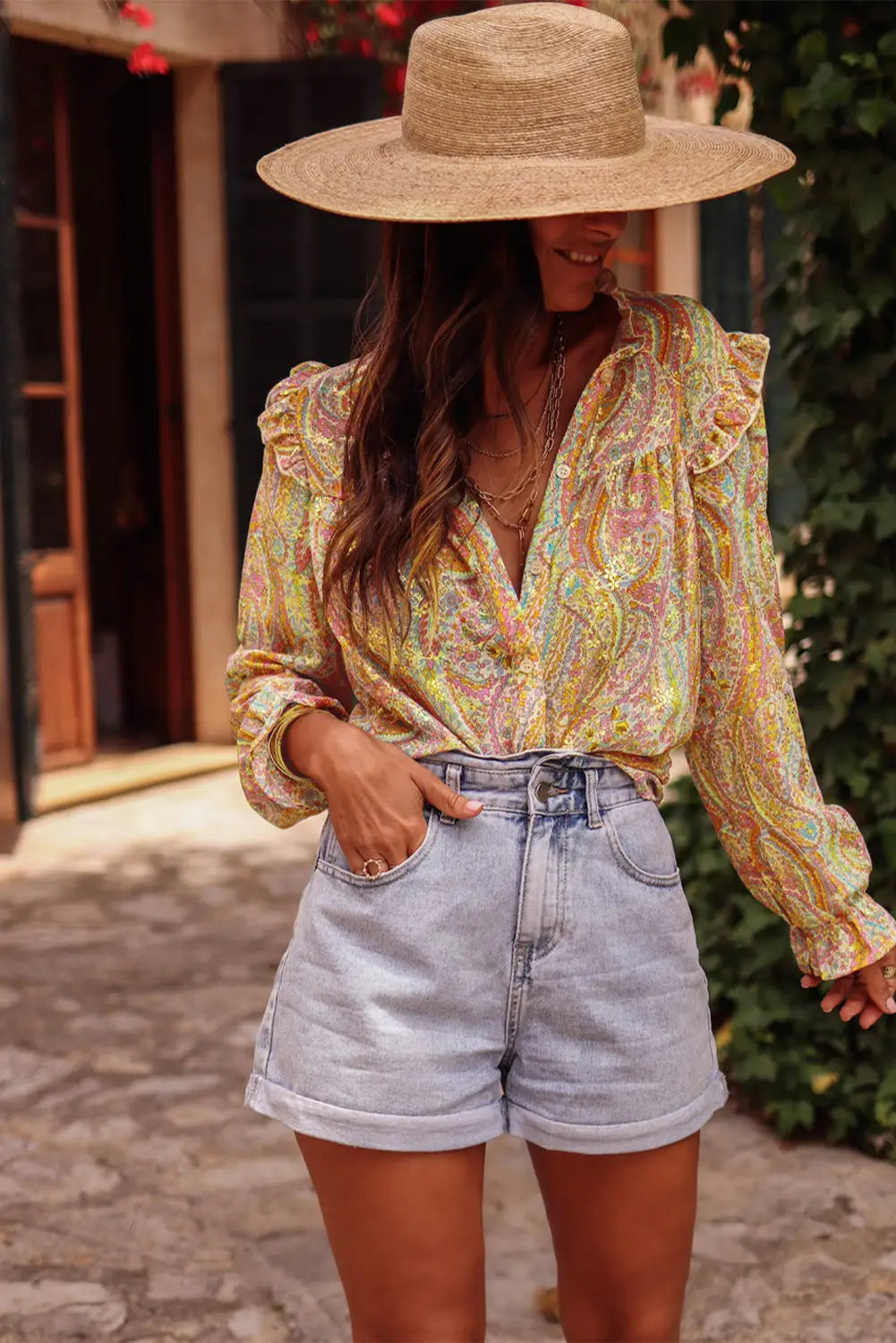 Yellow Paisley Print Ruffled Trim Boho Shirt-2