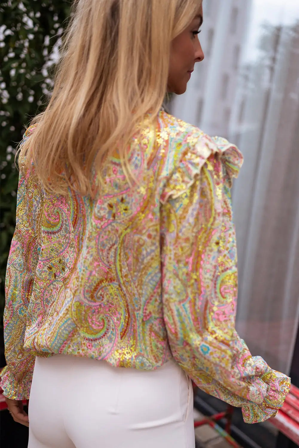 Yellow Paisley Print Ruffled Trim Boho Shirt-1