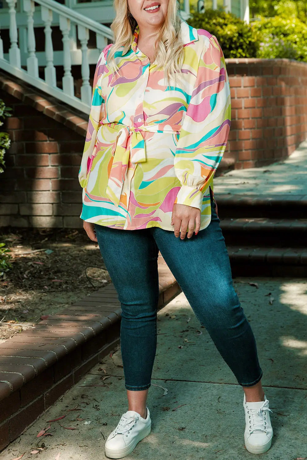 Yellow Plus Size Abstract Print Loose Tunic Shirt-5