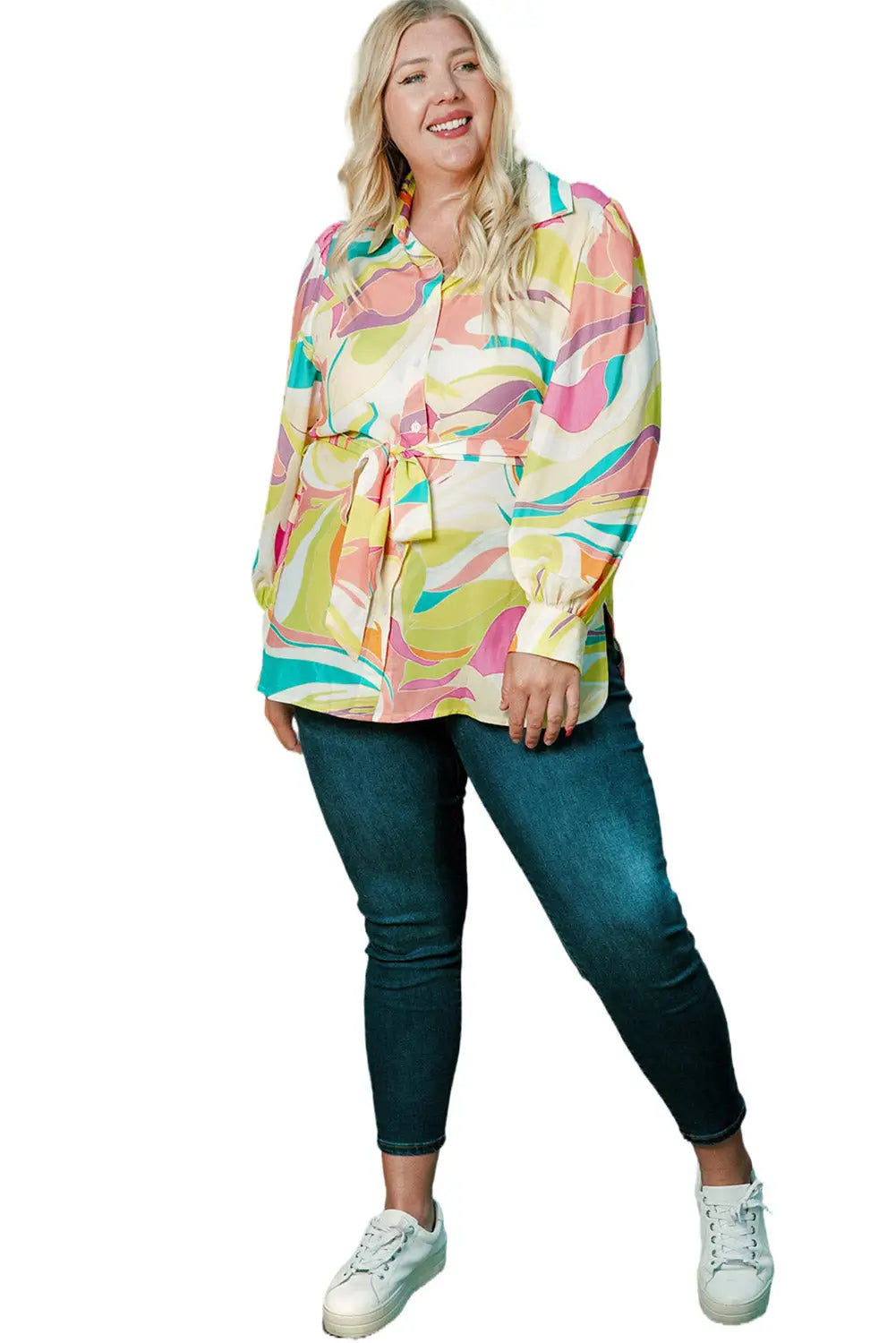 Yellow Plus Size Abstract Print Loose Tunic Shirt-6