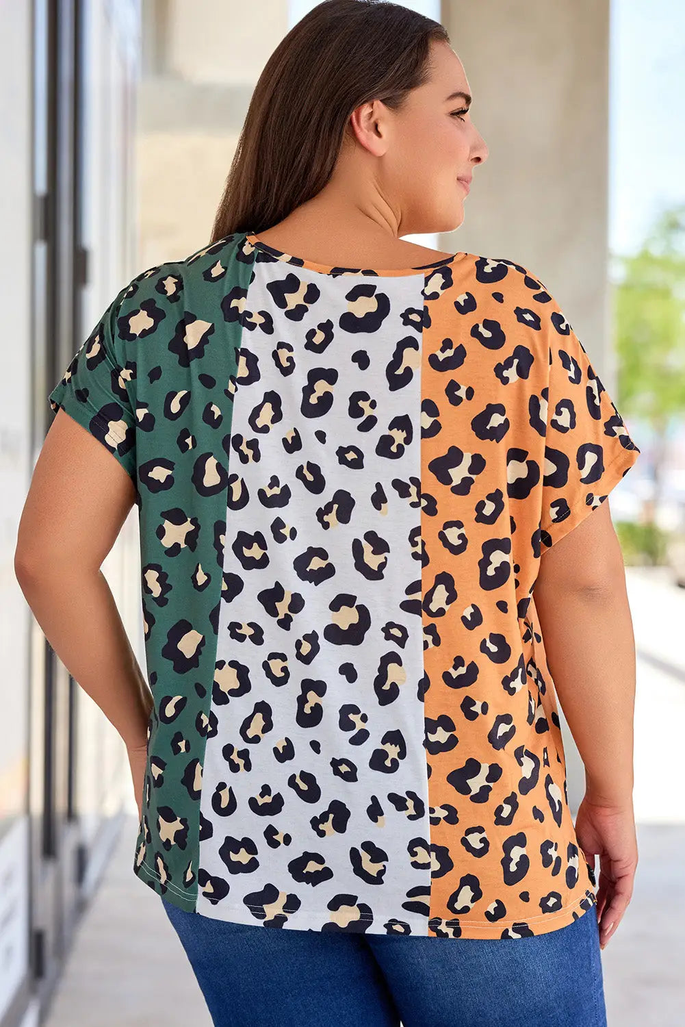 Yellow Plus Size Leopard Print Contrast T-Shirt-1