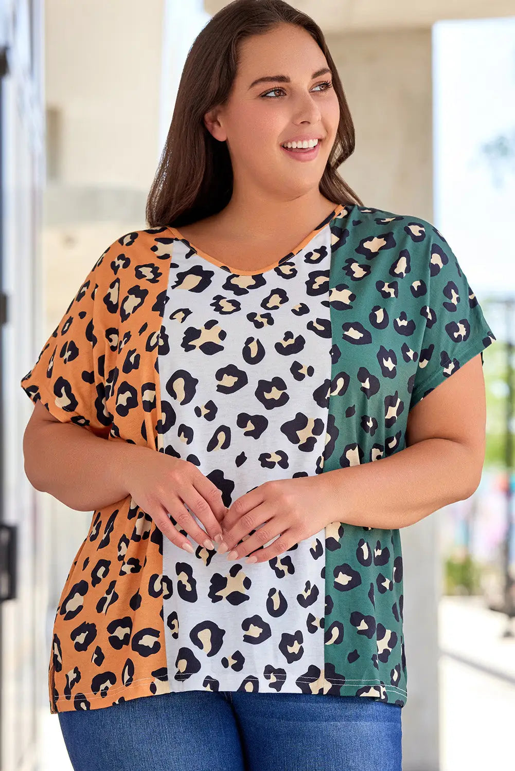 Yellow Plus Size Leopard Print Contrast T-Shirt-3