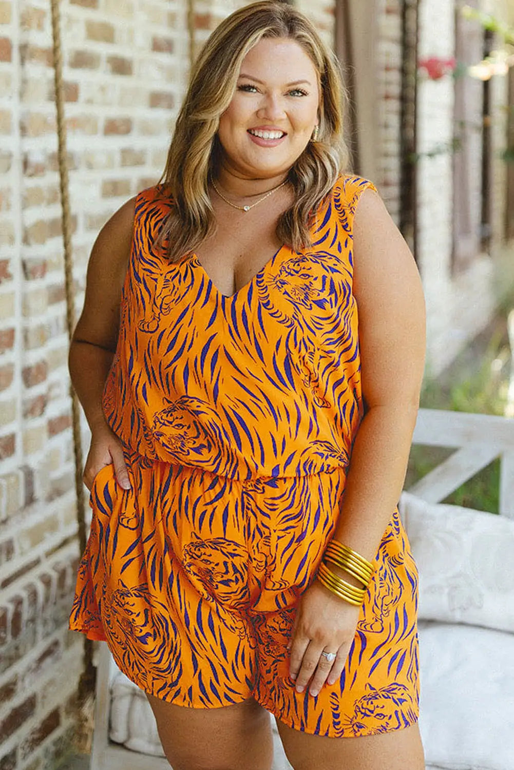 Yellow Plus Size Tiger Print Sleeveless V Neck Romper-2