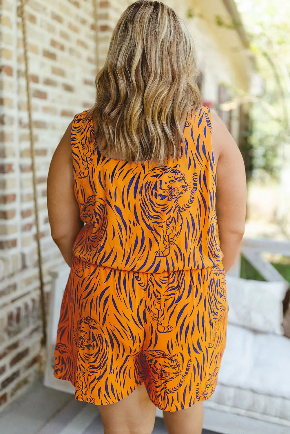 Yellow Plus Size Tiger Print Sleeveless V Neck Romper-1