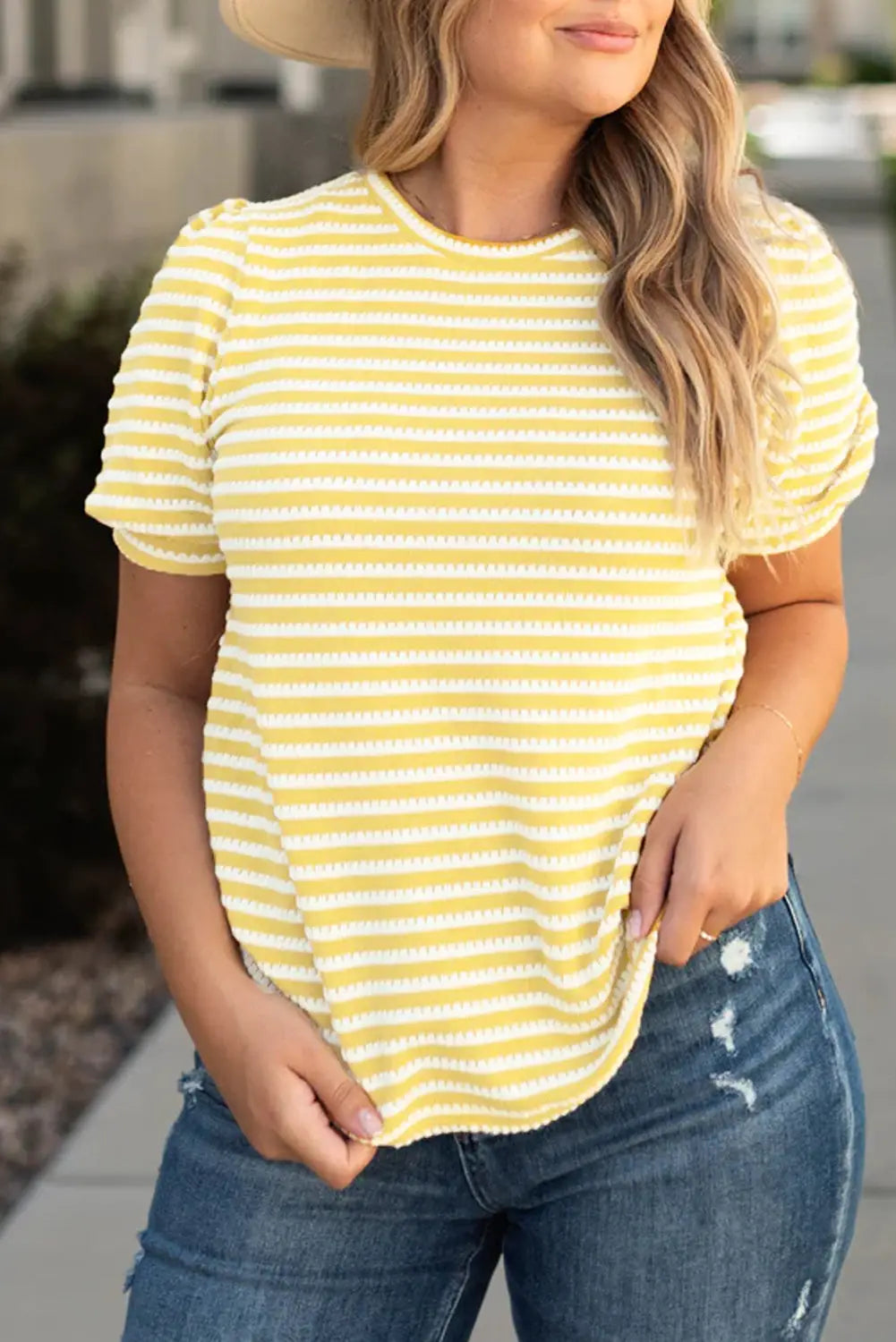 Yellow Stripe Short Puff Sleeve Plus Size Jumper-0