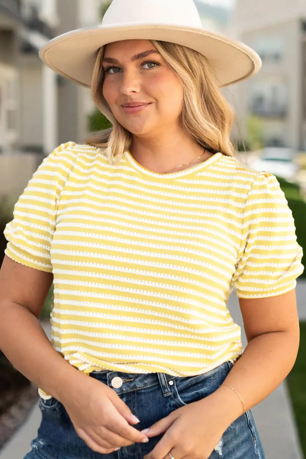 Yellow Stripe Short Puff Sleeve Plus Size Jumper-2