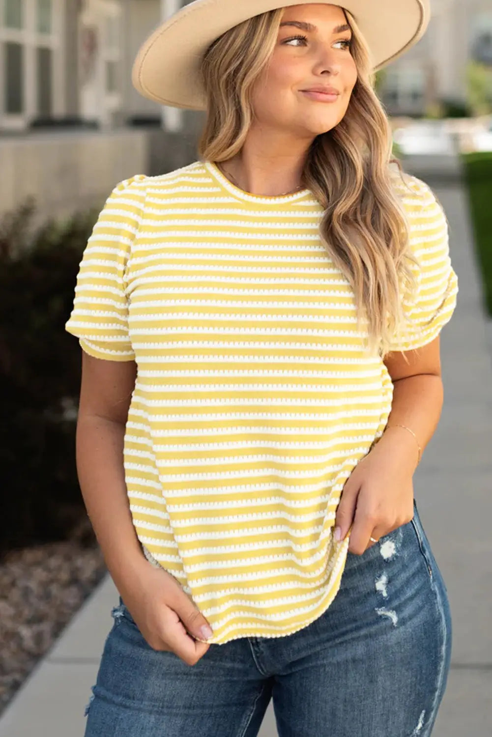 Yellow Stripe Short Puff Sleeve Plus Size Jumper-4