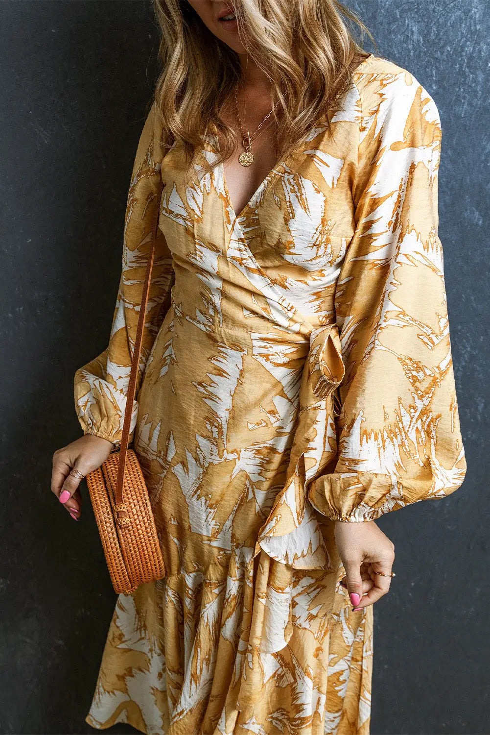 Yellow V Neck Wrap Lace up Bubble Sleeve Floral Dress-2