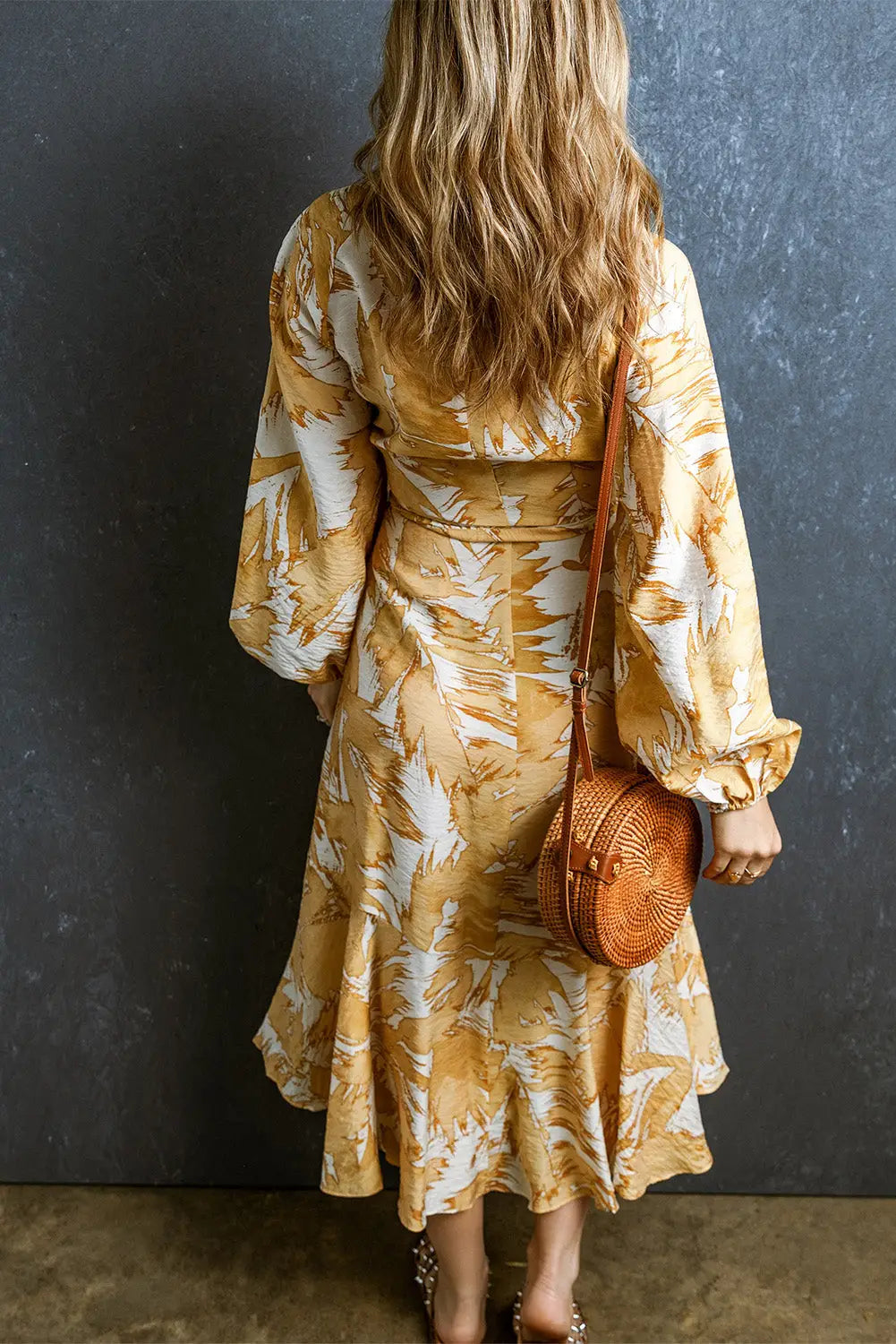 Yellow V Neck Wrap Lace up Bubble Sleeve Floral Dress-3