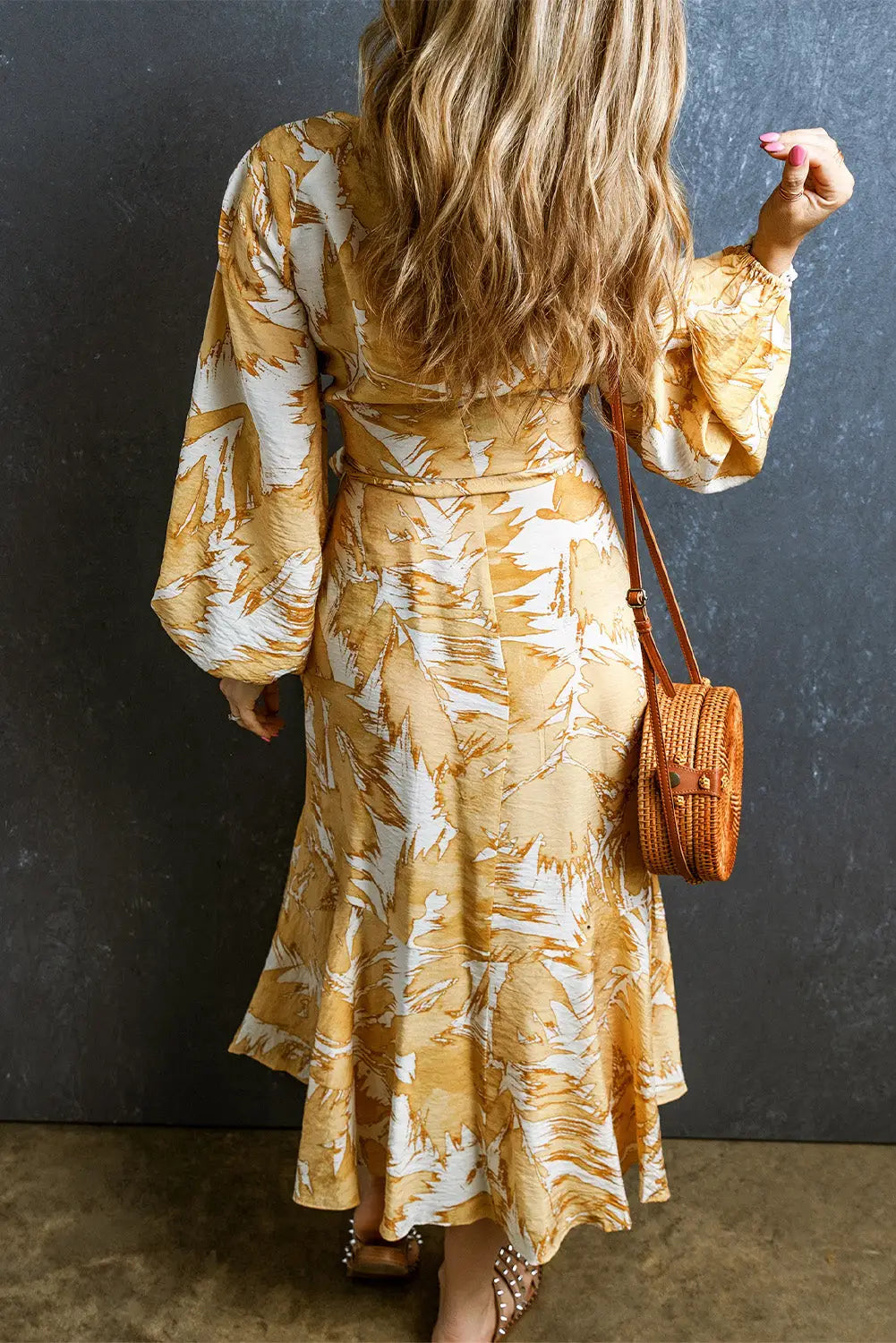 Yellow V Neck Wrap Lace up Bubble Sleeve Floral Dress-1