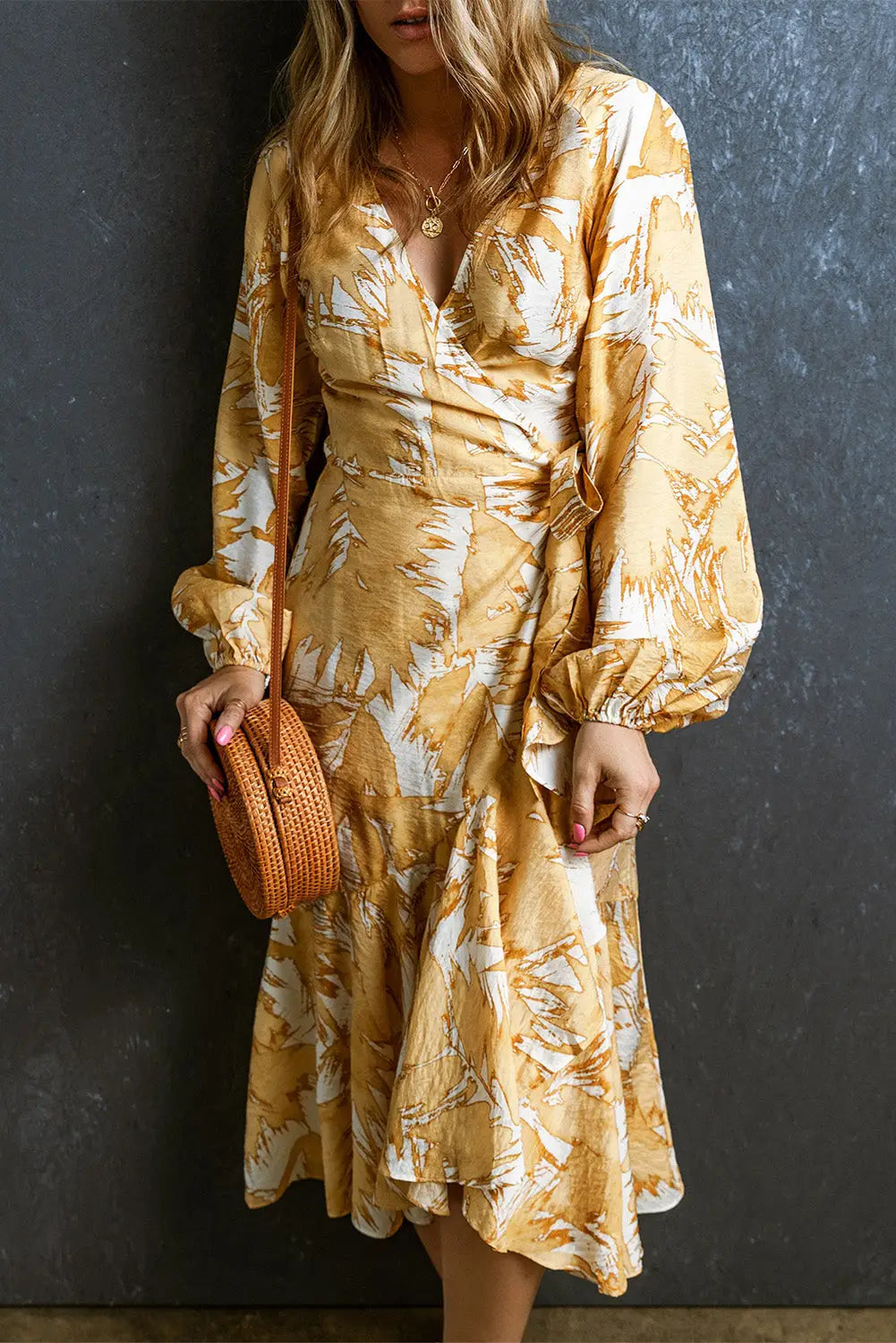 Yellow V Neck Wrap Lace up Bubble Sleeve Floral Dress-0