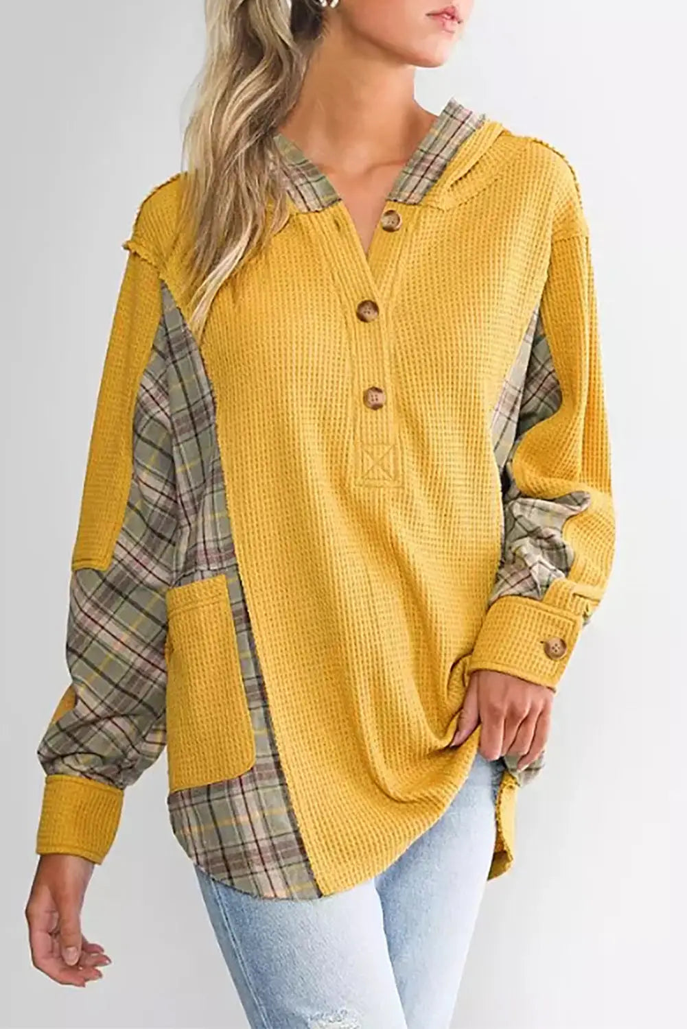 Yellow Waffle Knit Plaid Patchwork Pocketed Henley Hoodie-0