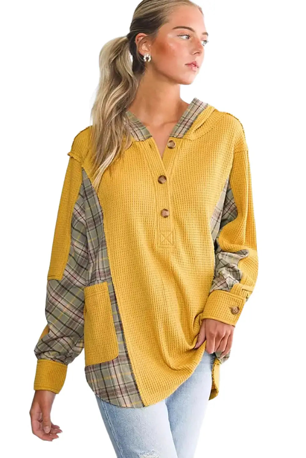 Yellow Waffle Knit Plaid Patchwork Pocketed Henley Hoodie-4