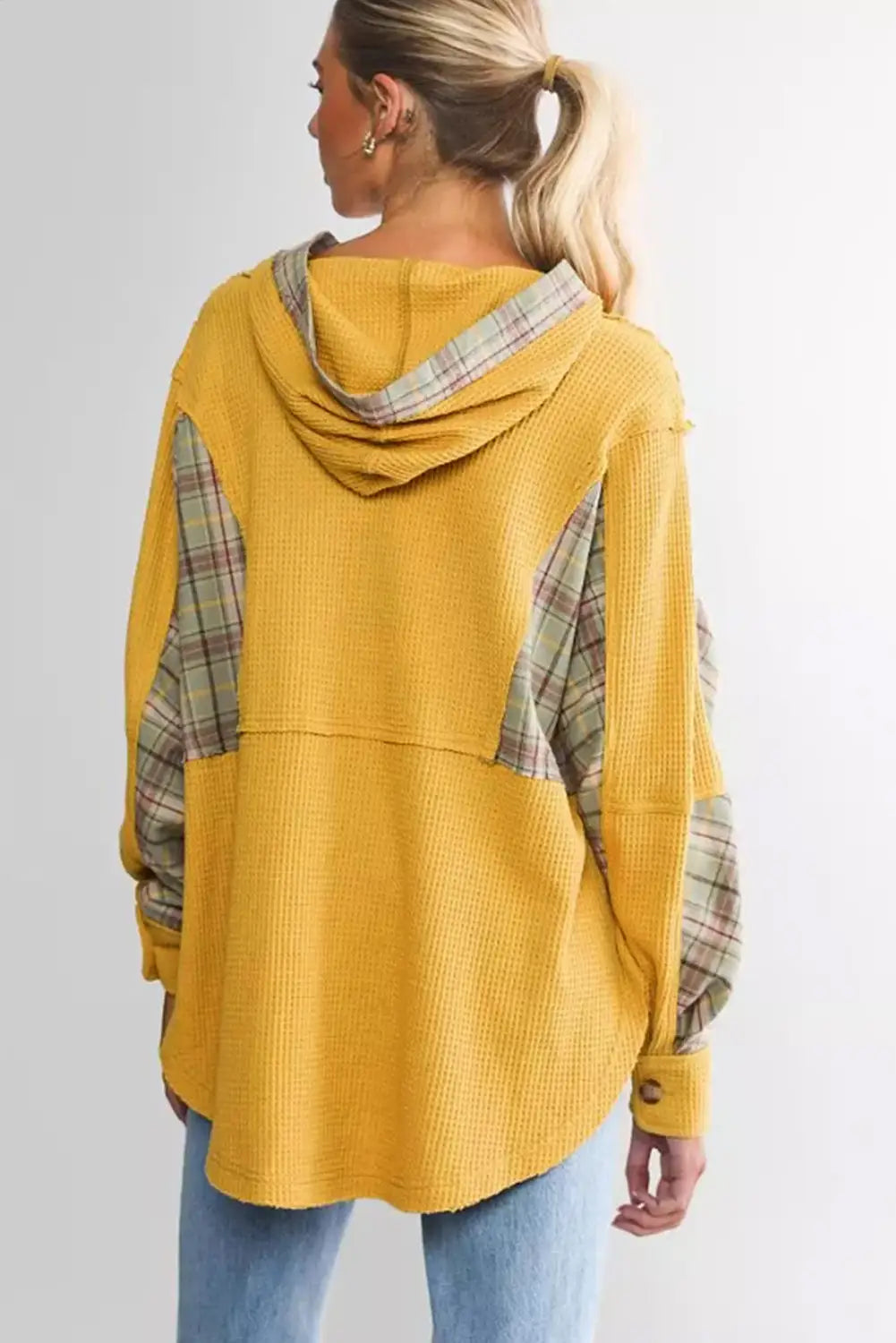 Yellow Waffle Knit Plaid Patchwork Pocketed Henley Hoodie-1