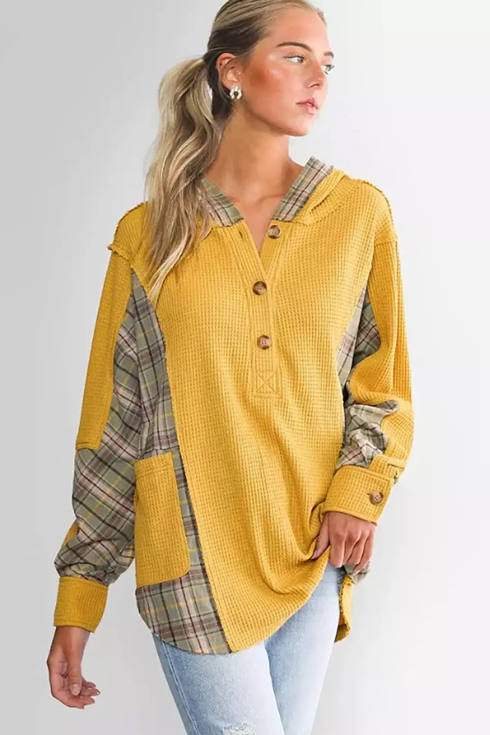 Yellow Waffle Knit Plaid Patchwork Pocketed Henley Hoodie-3