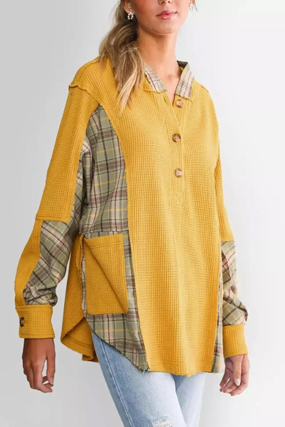 Yellow Waffle Knit Plaid Patchwork Pocketed Henley Hoodie-2