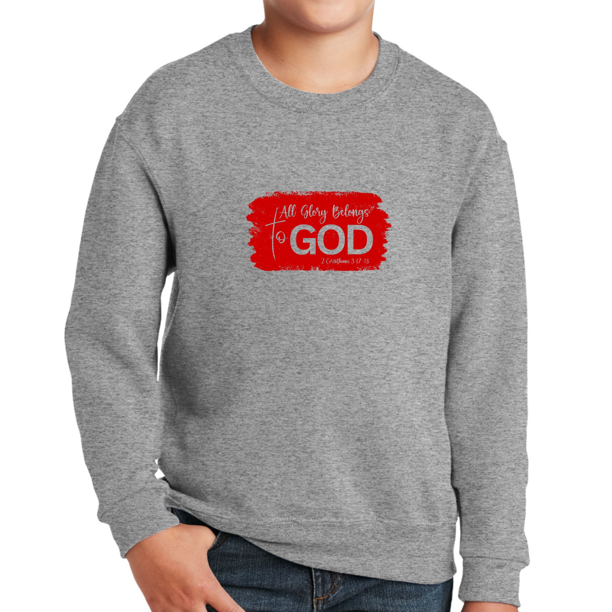 Youth Graphic Sweatshirt, All Glory Belongs To God, Red-4