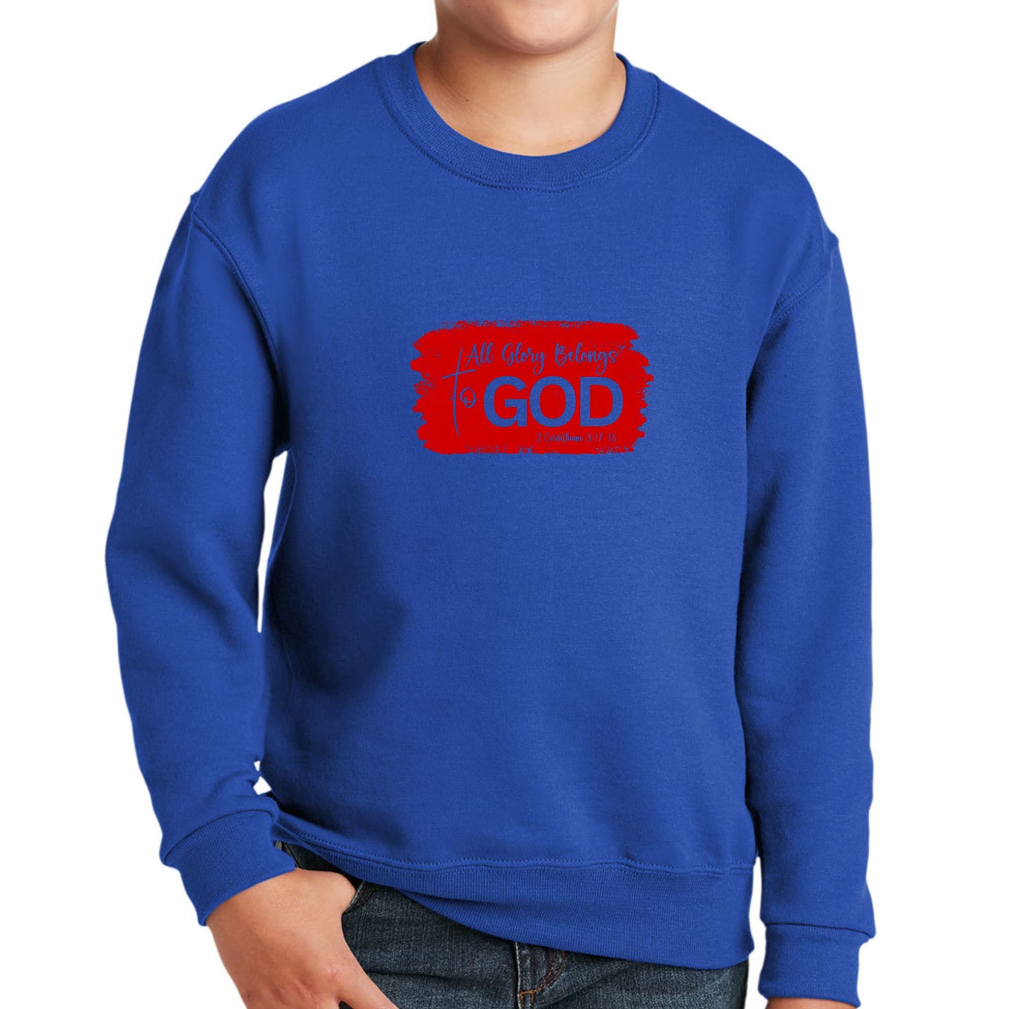 Youth Graphic Sweatshirt, All Glory Belongs To God, Red-2