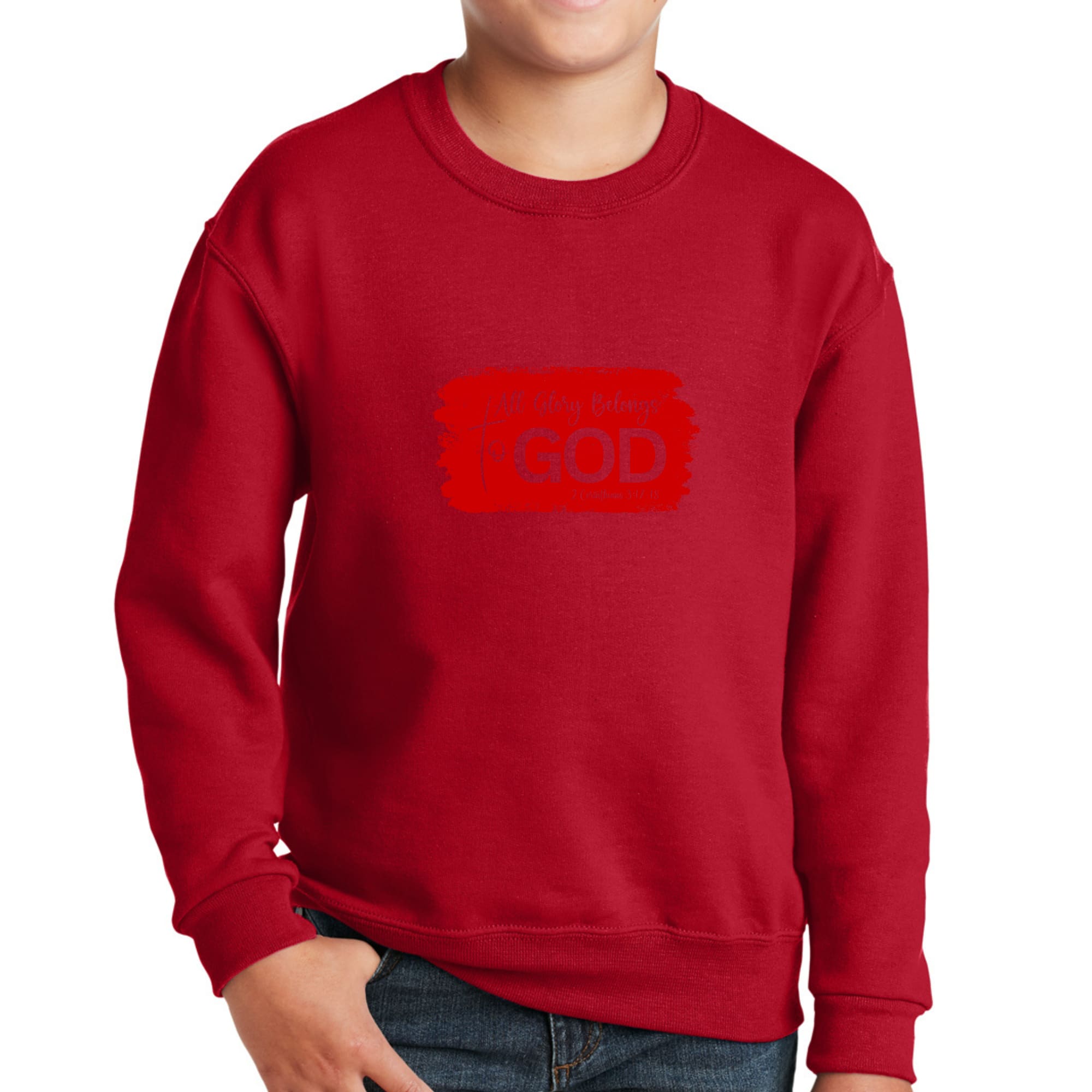 Youth Graphic Sweatshirt, All Glory Belongs To God, Red-1