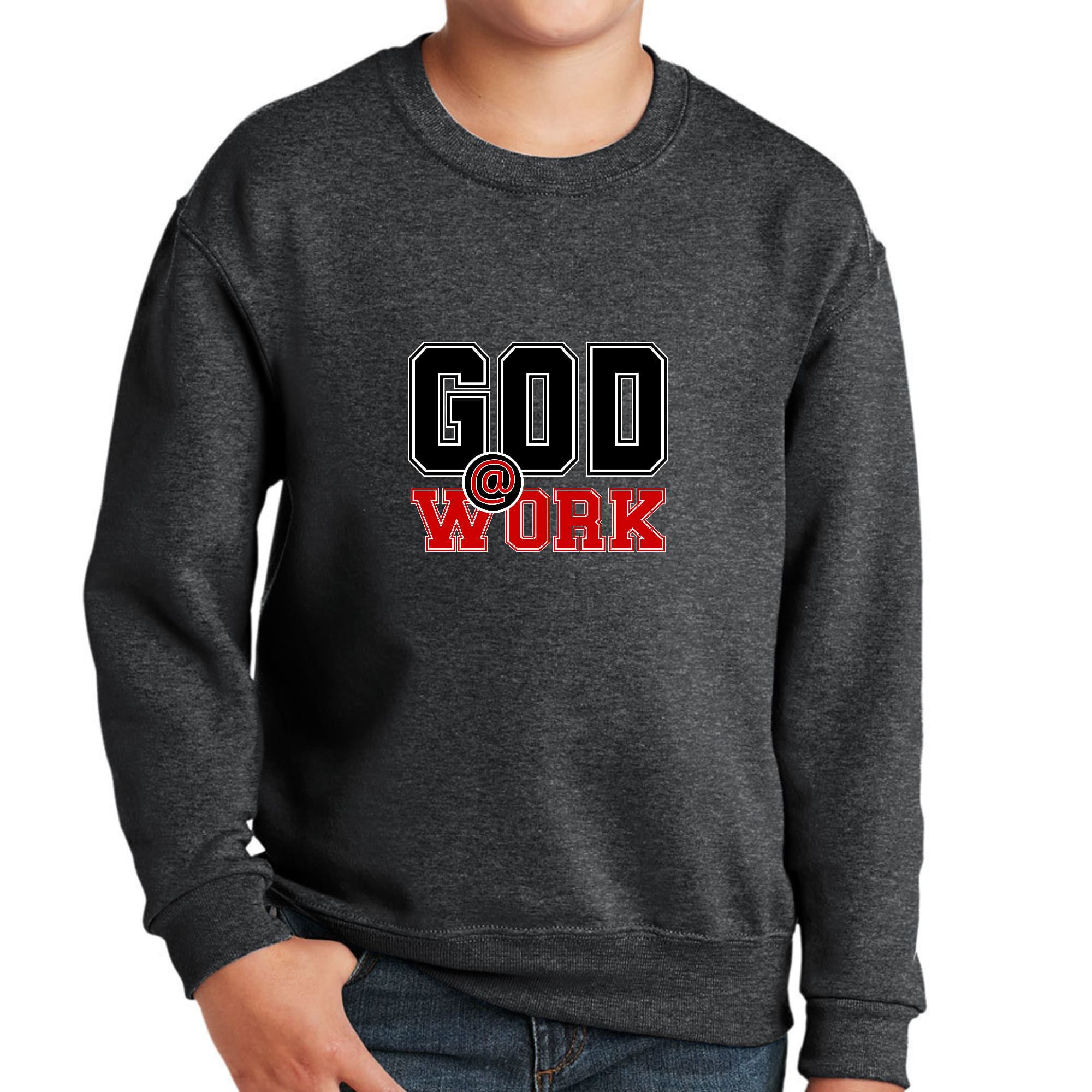 Youth Graphic Sweatshirt, God @ Work Black and Red Print-6