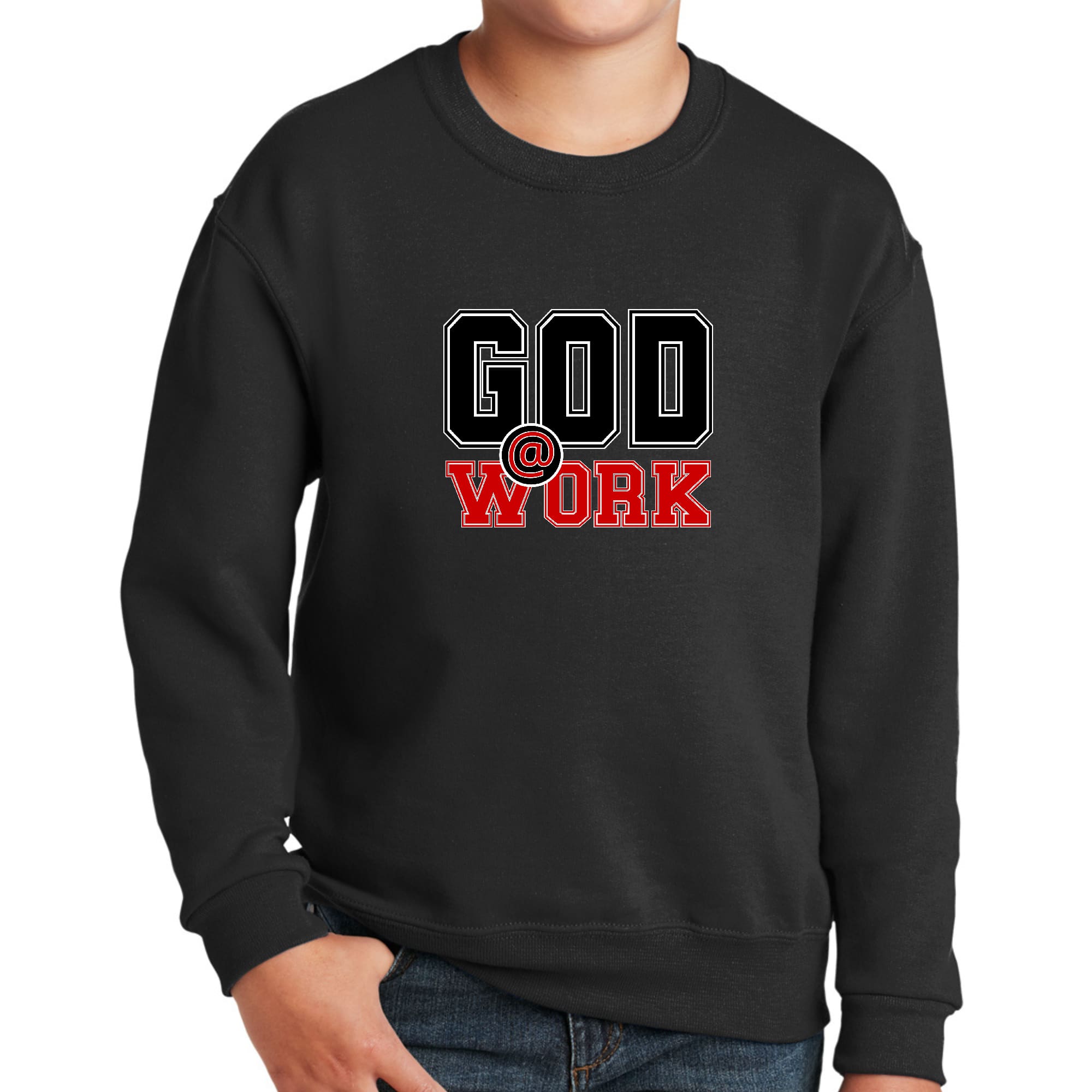 Youth Graphic Sweatshirt, God @ Work Black and Red Print-0